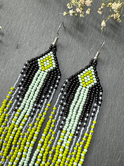 Unique Long black and green beaded ombre earrings with fringe, handmade boho statement jewelry image 4