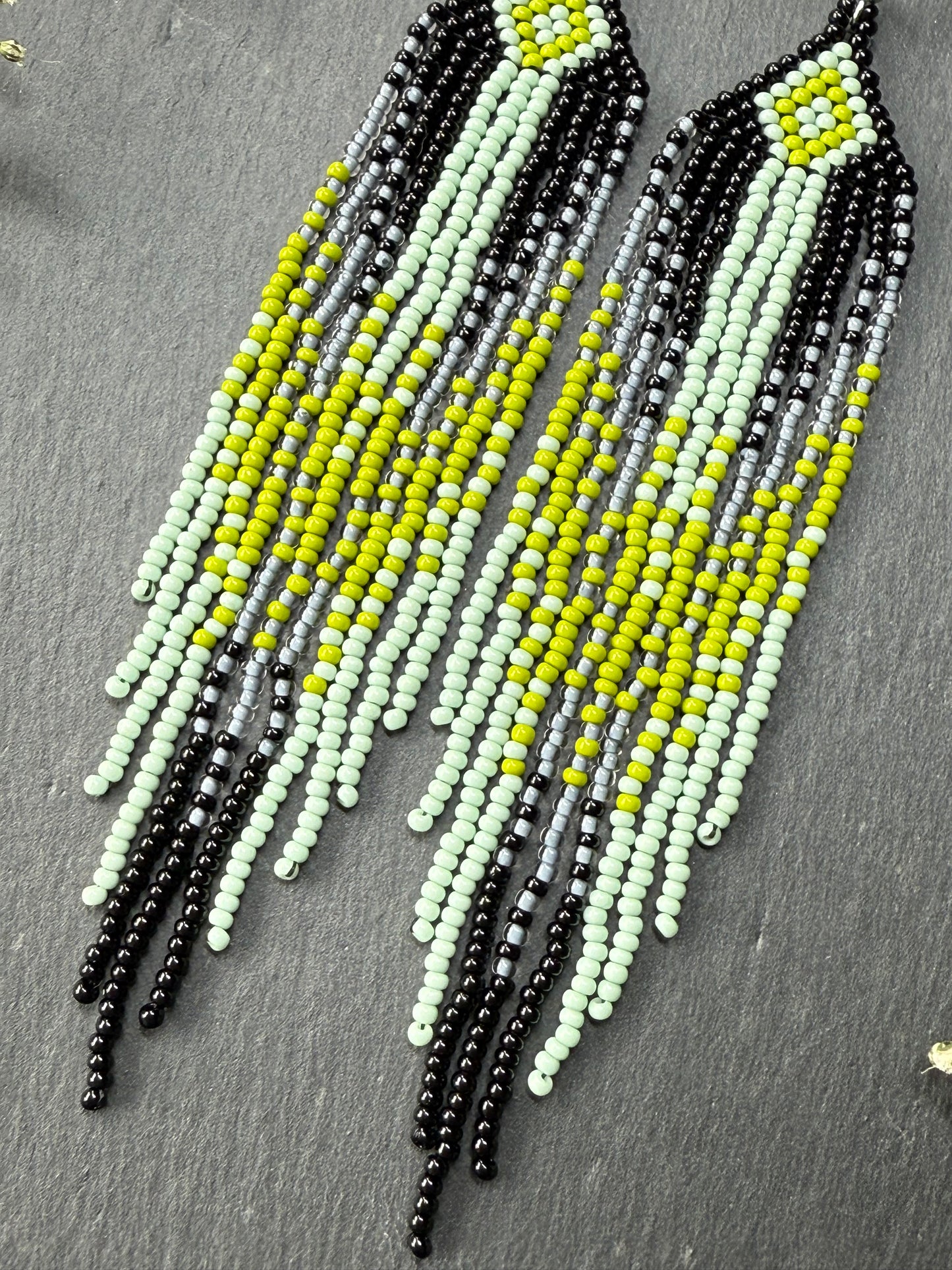 Unique Long black and green beaded ombre earrings with fringe, handmade boho statement jewelry image 5