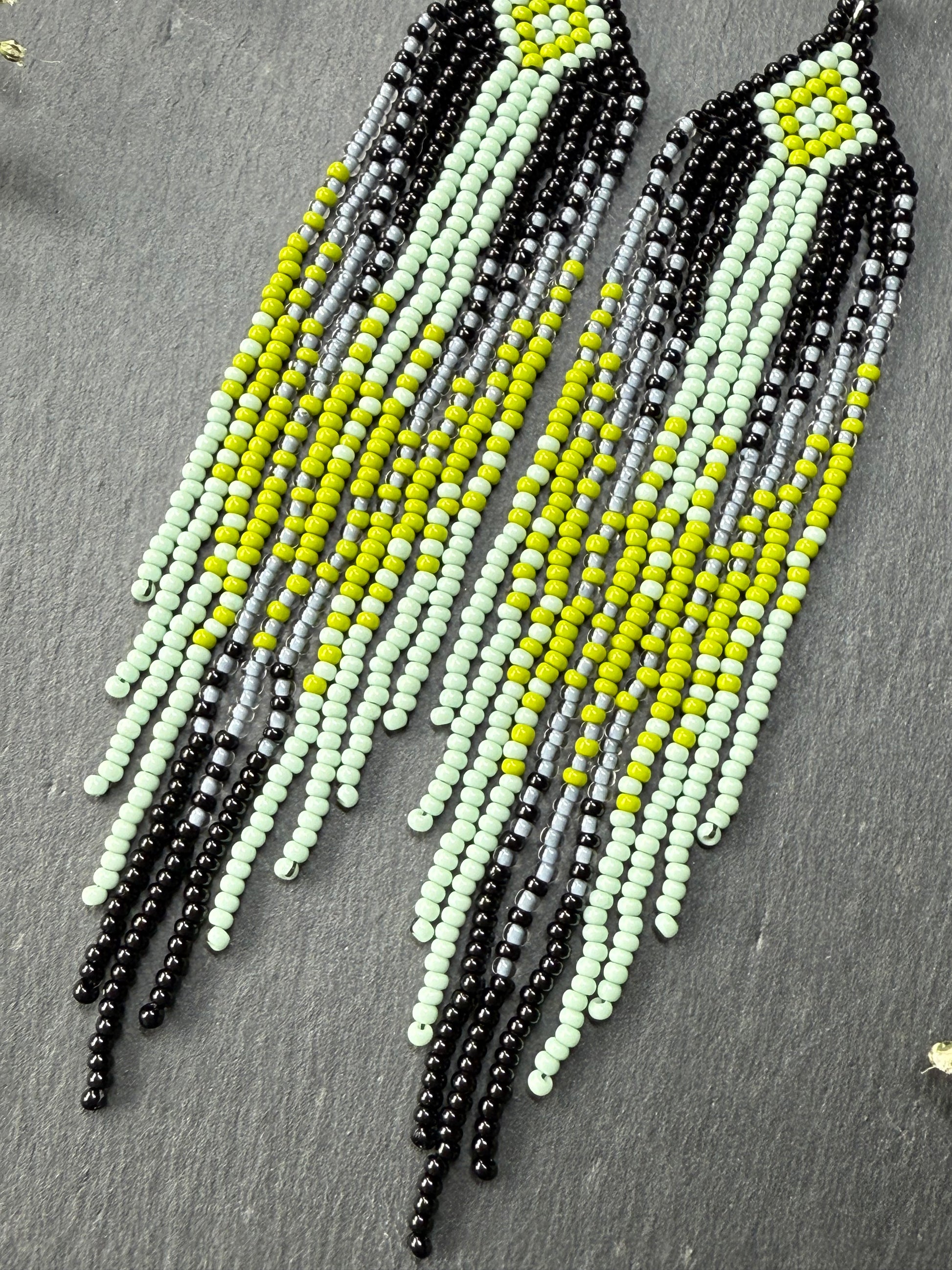 Unique Long black and green beaded ombre earrings with fringe, handmade boho statement jewelry image 5