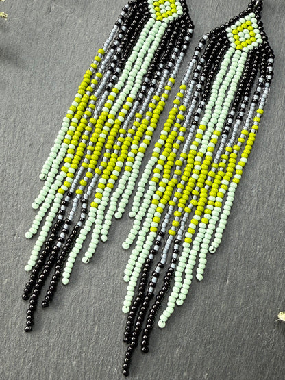 Unique Long black and green beaded ombre earrings with fringe, handmade boho statement jewelry image 5
