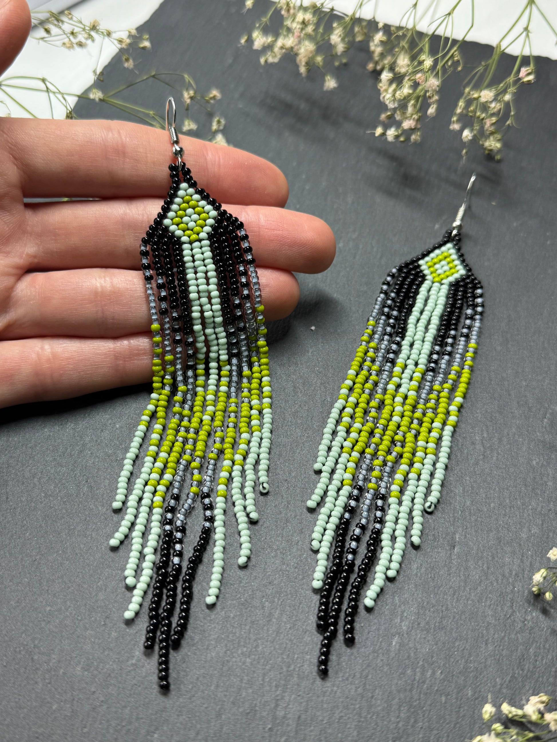 Unique Long black and green beaded ombre earrings with fringe, handmade boho statement jewelry image 6