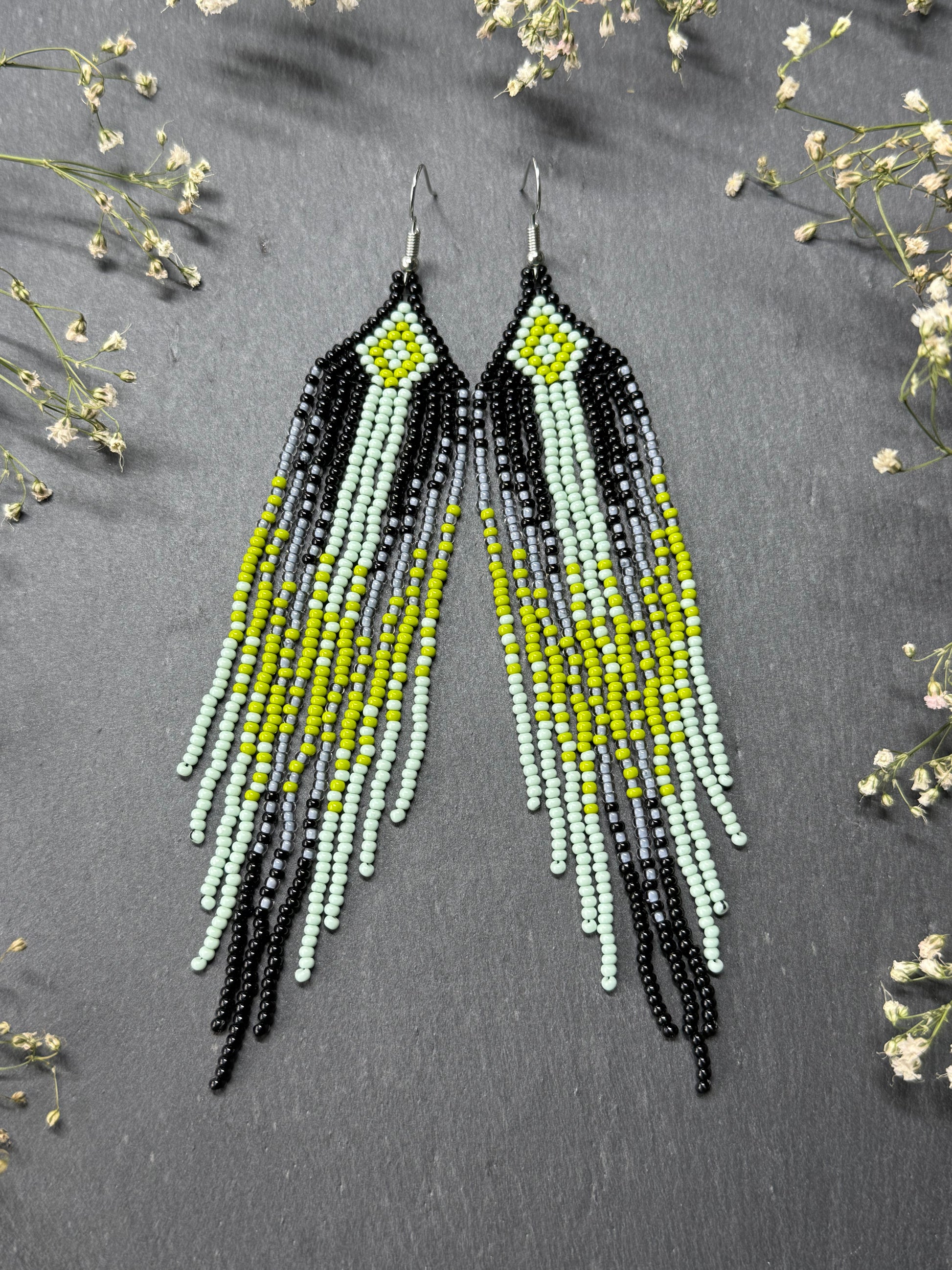 Unique Long black and green beaded ombre earrings with fringe, handmade boho statement jewelry image 8