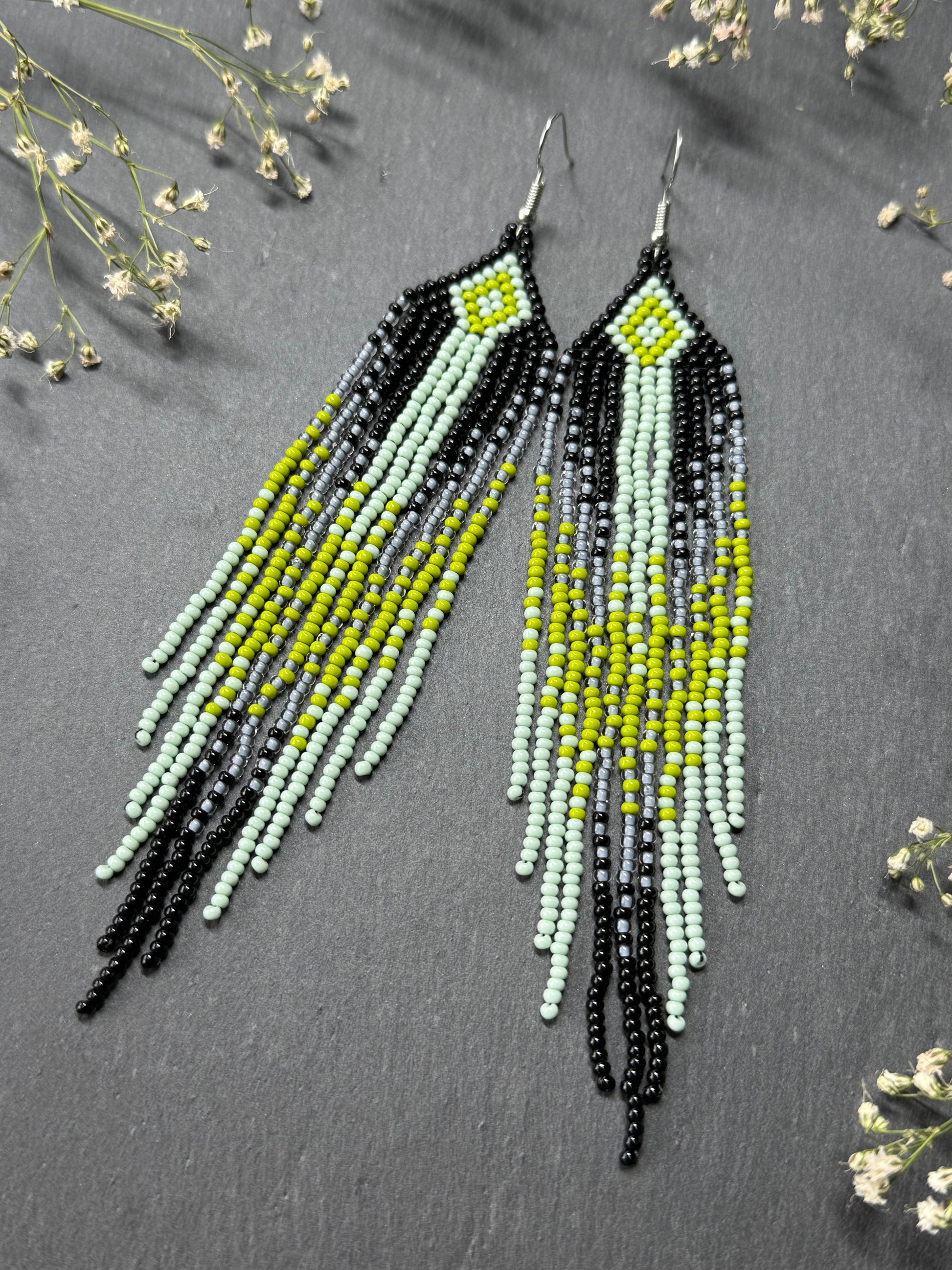 Unique Long black and green beaded ombre earrings with fringe, handmade boho statement jewelry image 10