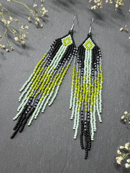 Unique Long black and green beaded ombre earrings with fringe, handmade boho statement jewelry image 10