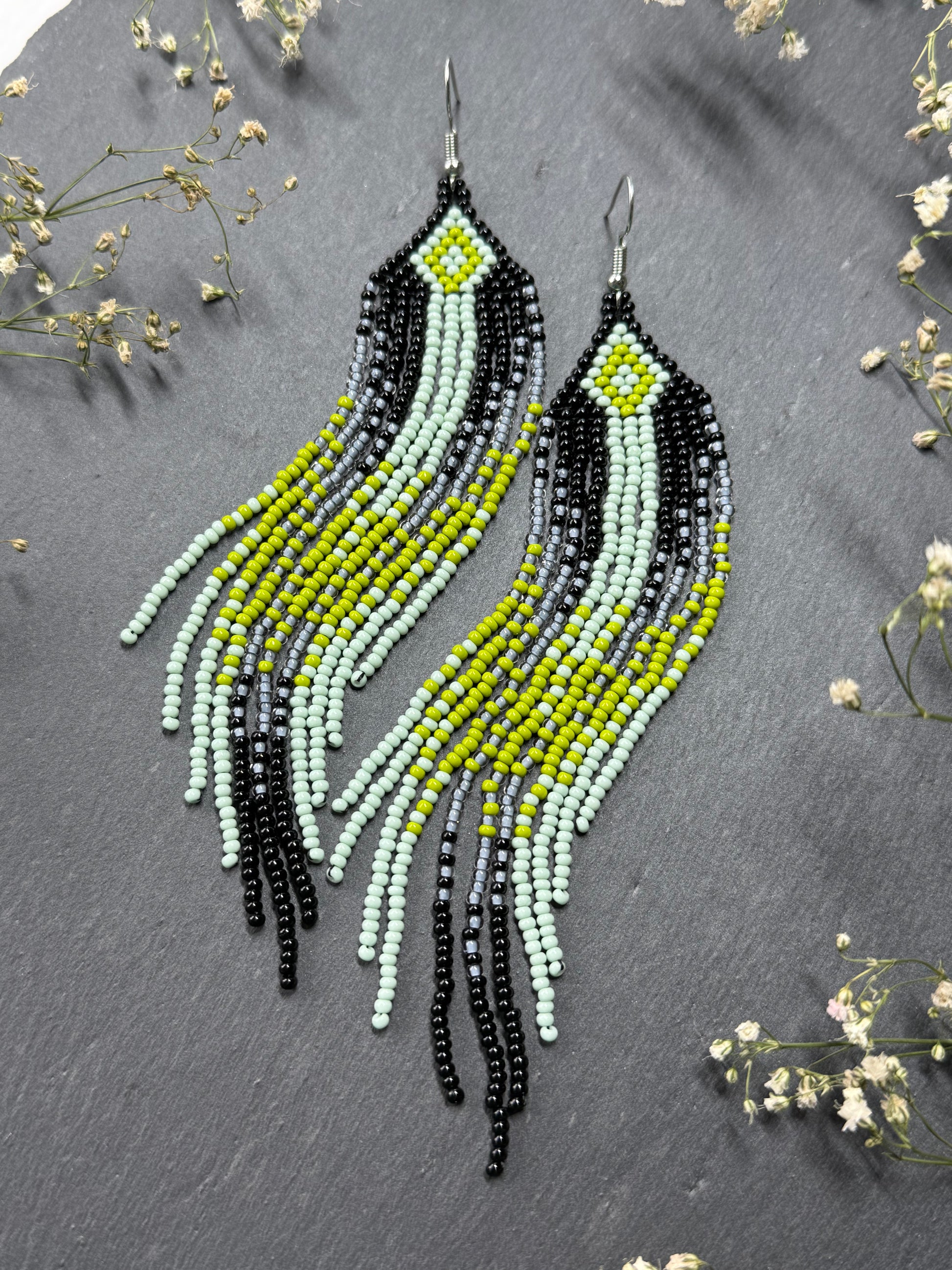 Unique Long black and green beaded ombre earrings with fringe, handmade boho statement jewelry image 7