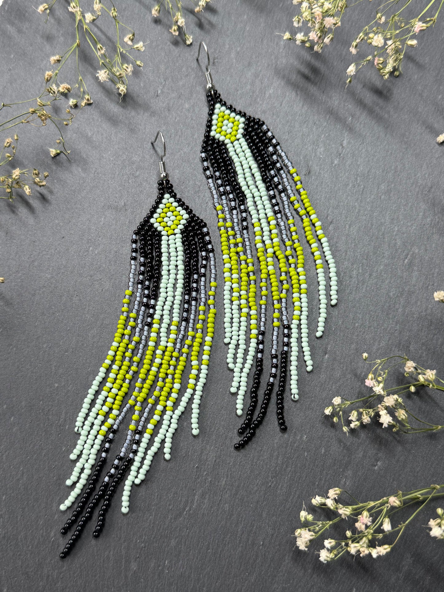 Unique Long black and green beaded ombre earrings with fringe, handmade boho statement jewelry image 9