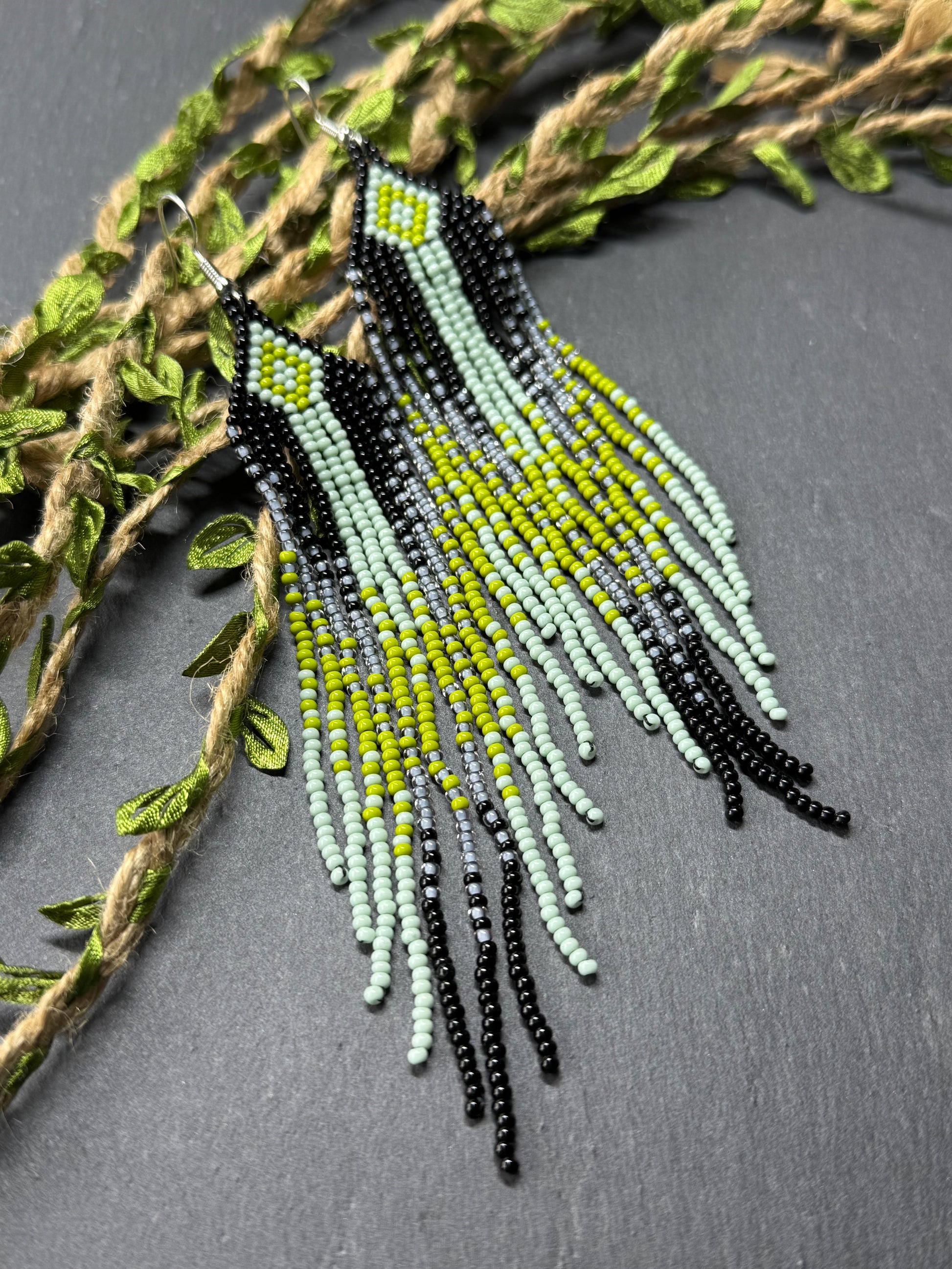 Unique Long black and green beaded ombre earrings with fringe, handmade boho statement jewelry image 11