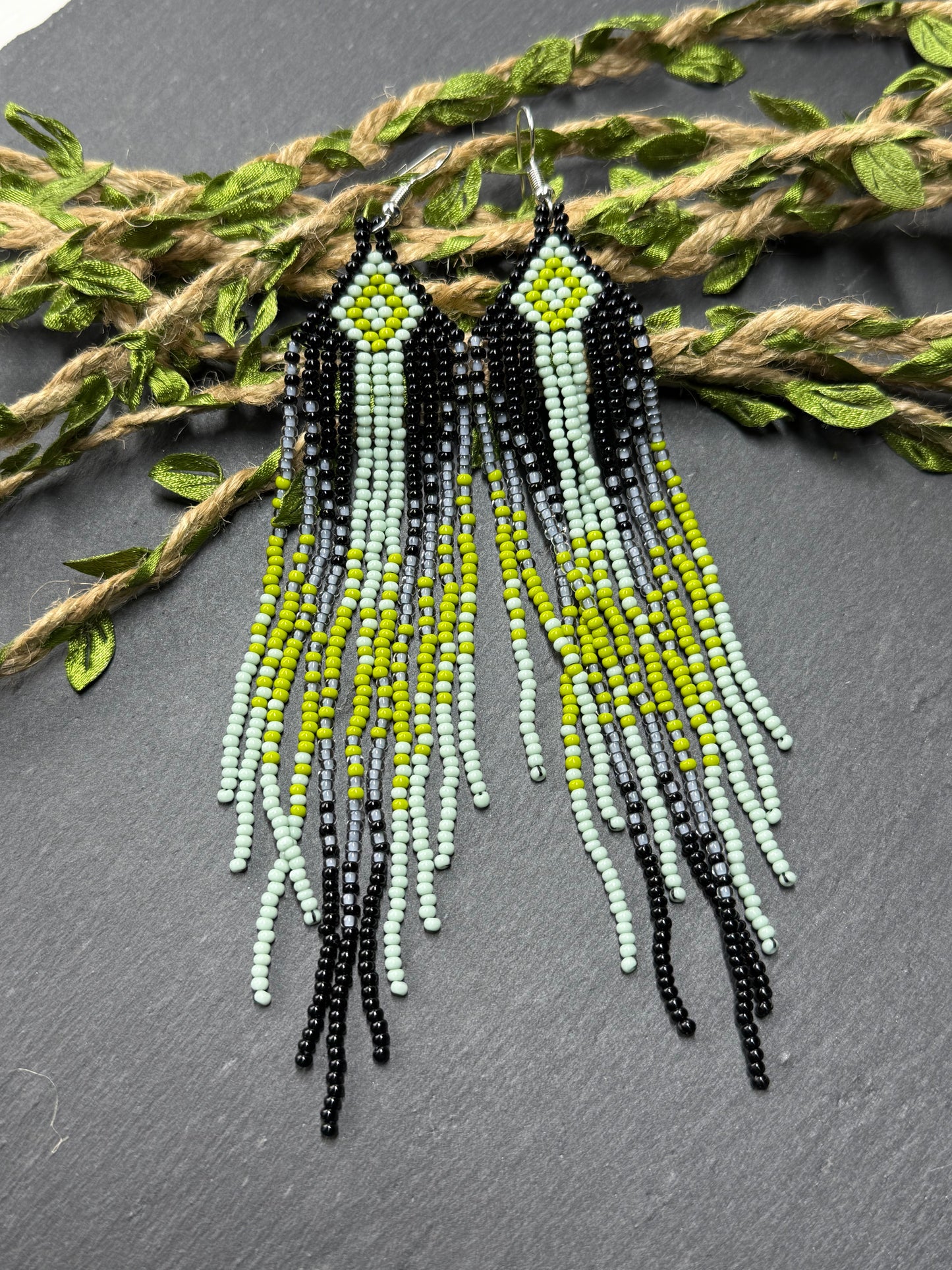 Unique Long black and green beaded ombre earrings with fringe, handmade boho statement jewelry image 12