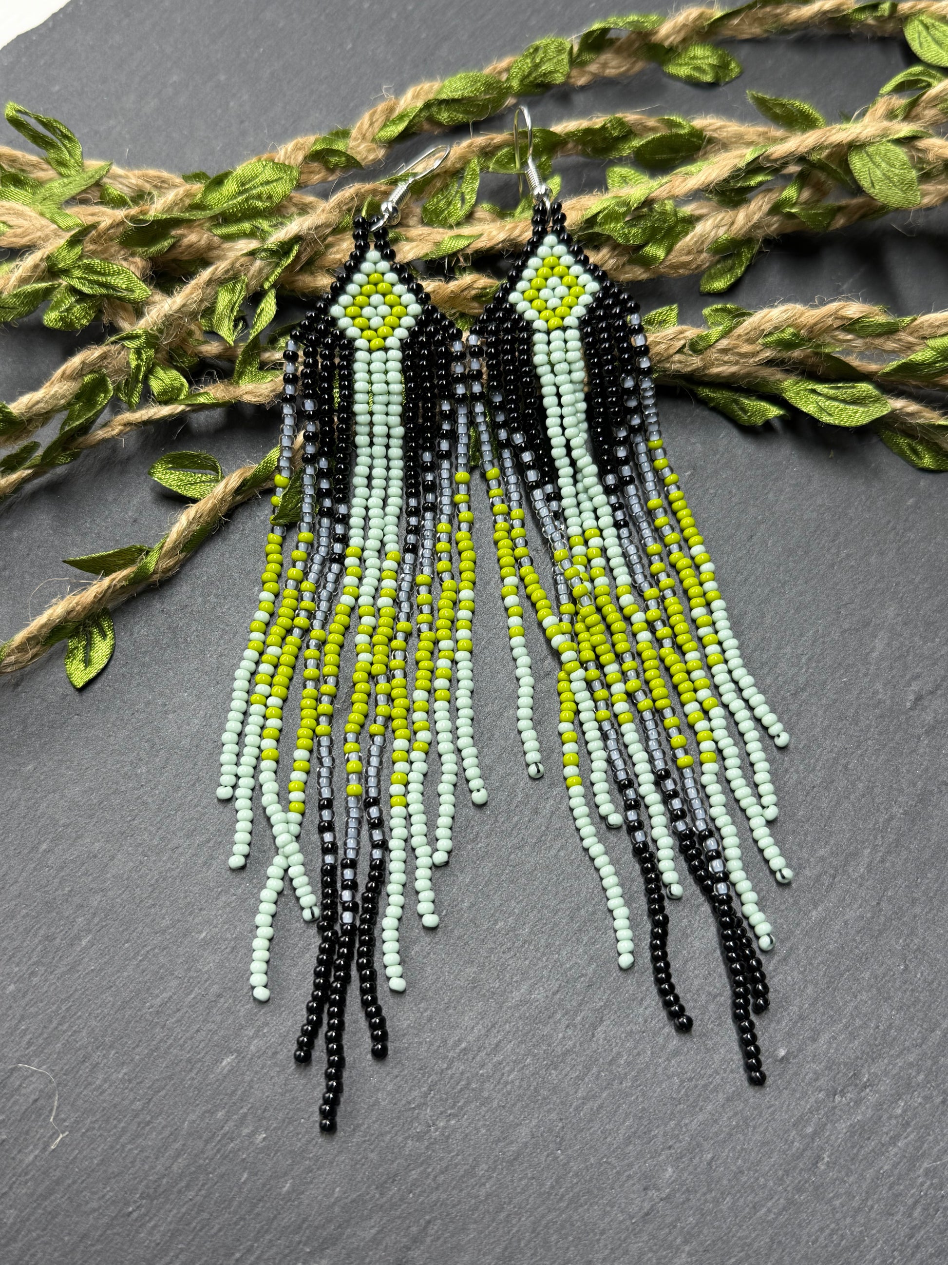 Unique Long black and green beaded ombre earrings with fringe, handmade boho statement jewelry image 12