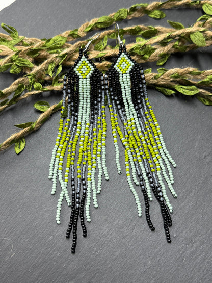 Unique Long black and green beaded ombre earrings with fringe, handmade boho statement jewelry image 12