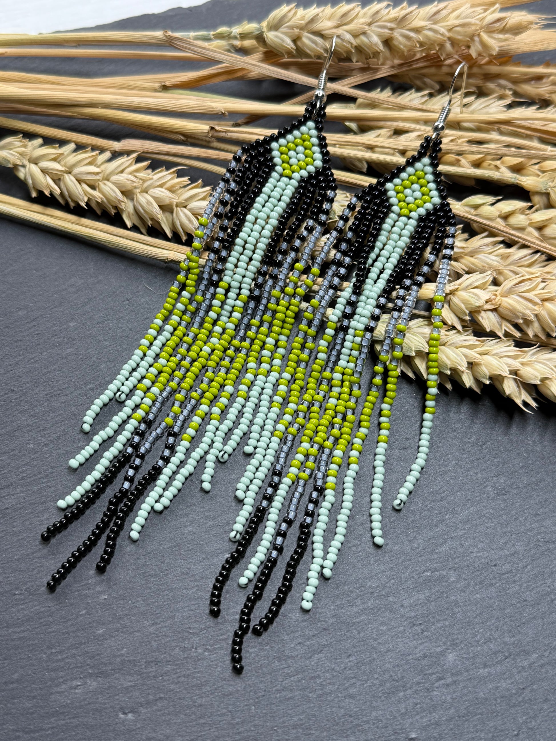 Unique Long black and green beaded ombre earrings with fringe, handmade boho statement jewelry image 1