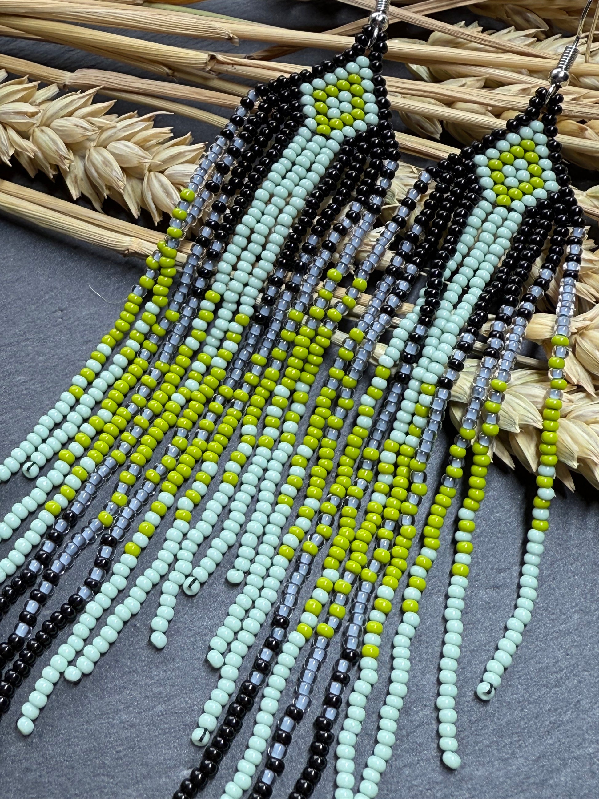 Unique Long black and green beaded ombre earrings with fringe, handmade boho statement jewelry image 13