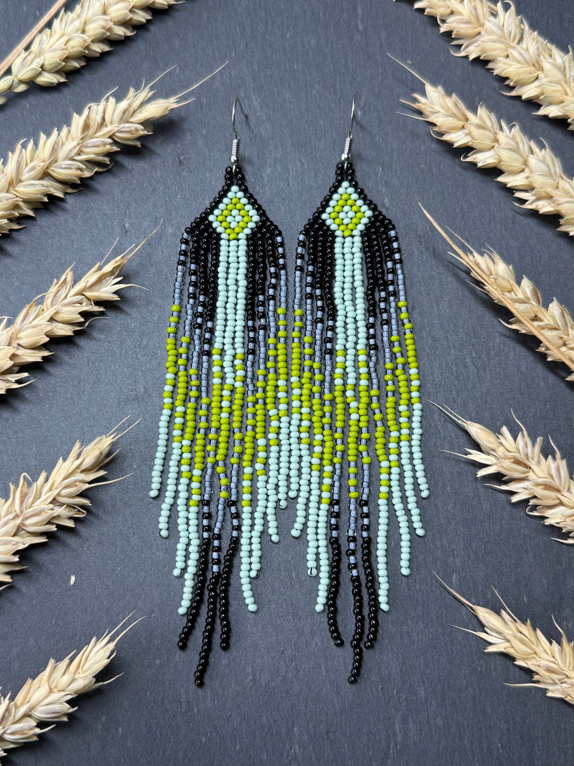 Unique Long black and green beaded ombre earrings with fringe, handmade boho statement jewelry image 14