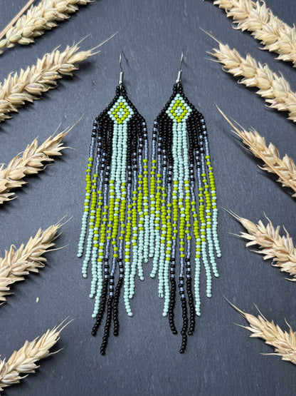 Unique Long black and green beaded ombre earrings with fringe, handmade boho statement jewelry image 14