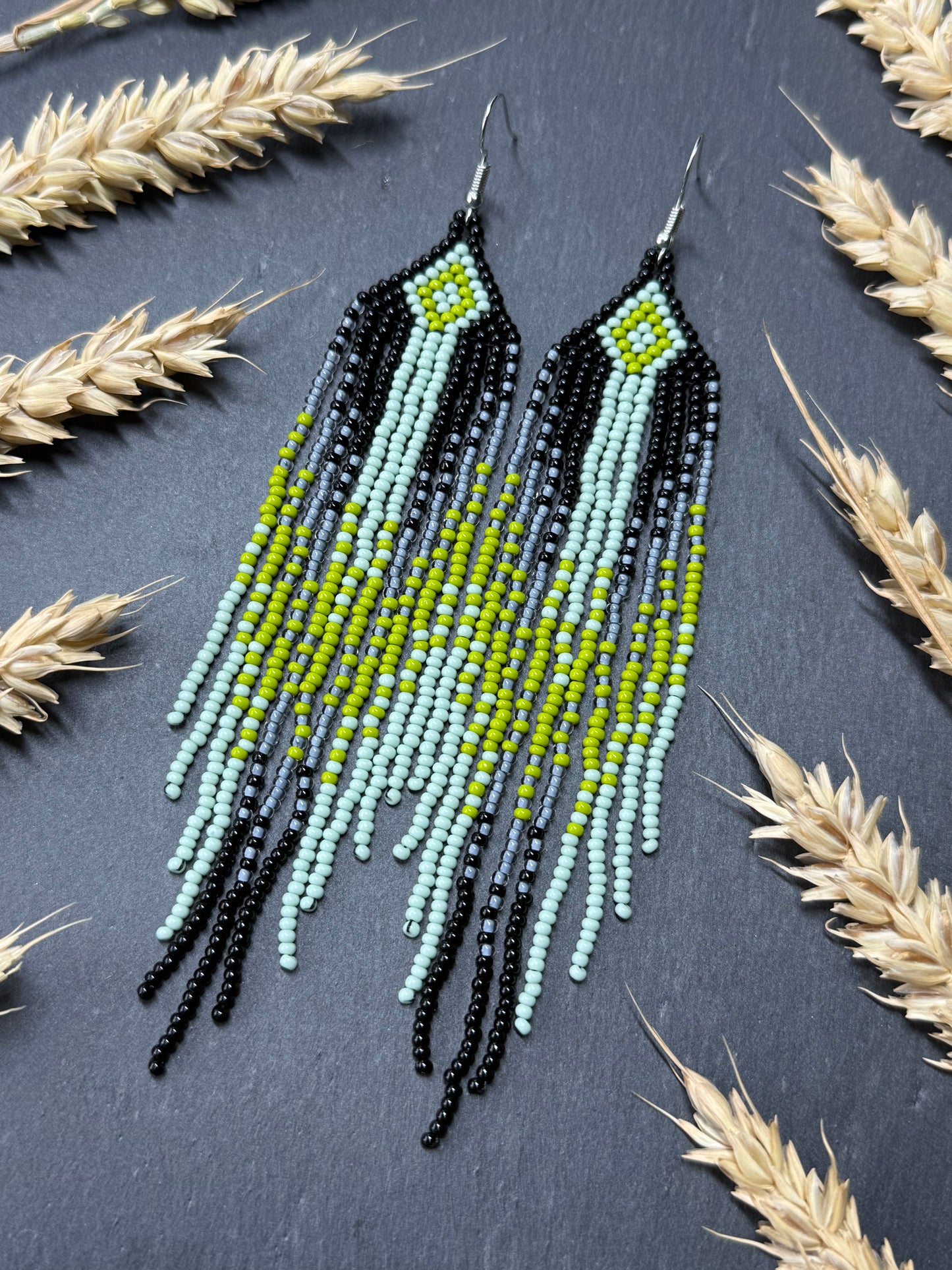 Unique Long black and green beaded ombre earrings with fringe, handmade boho statement jewelry image 15