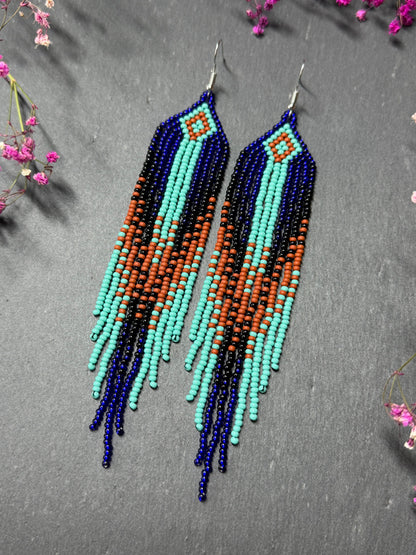 Bright blue, black, brown, and turquoise handmade beaded fringe earrings for women. Unique boho jewelry and statement beadwork, perfect native gift for women image 2