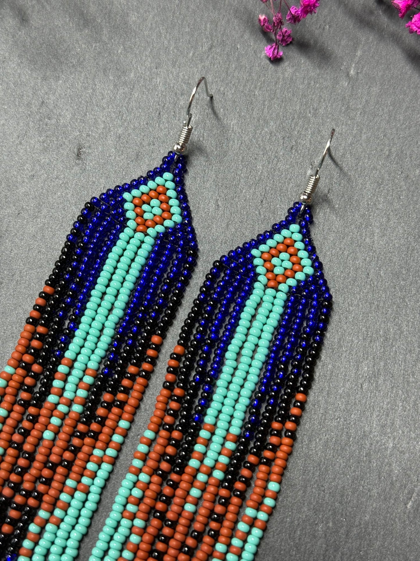 Bright blue, black, brown, and turquoise handmade beaded fringe earrings for women. Unique boho jewelry and statement beadwork, perfect native gift for women image 3