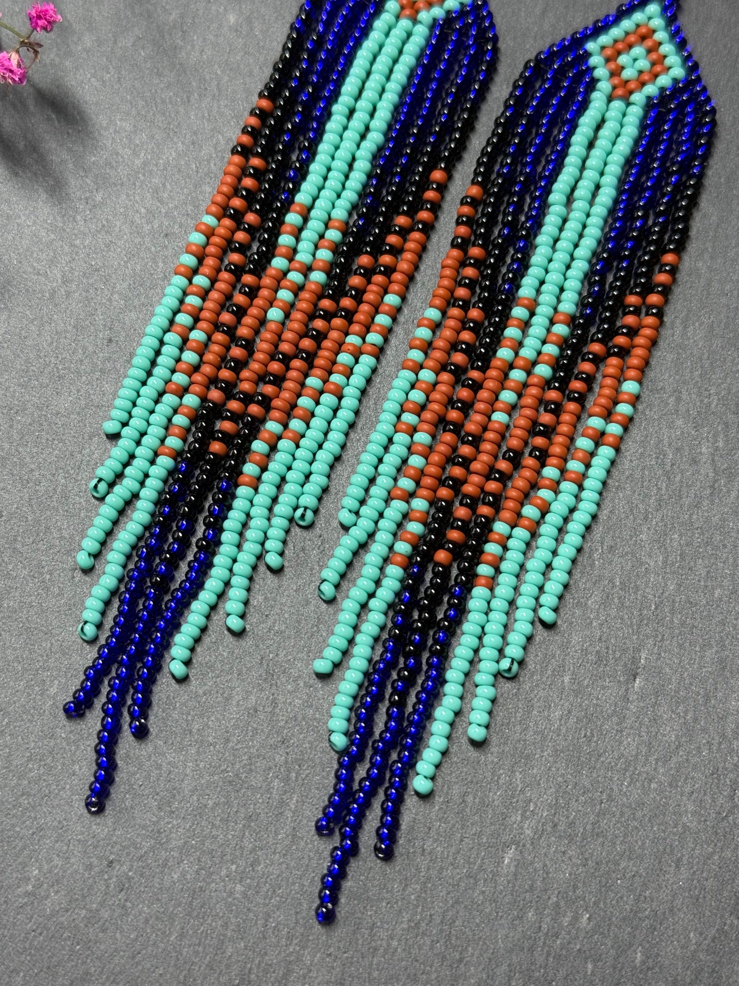 Bright blue, black, brown, and turquoise handmade beaded fringe earrings for women. Unique boho jewelry and statement beadwork, perfect native gift for women image 4