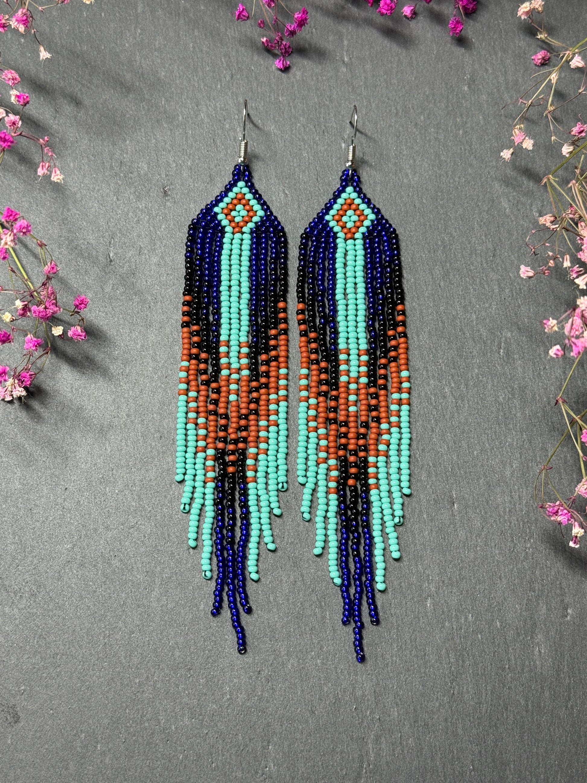 Bright blue, black, brown, and turquoise handmade beaded fringe earrings for women. Unique boho jewelry and statement beadwork, perfect native gift for women image 1