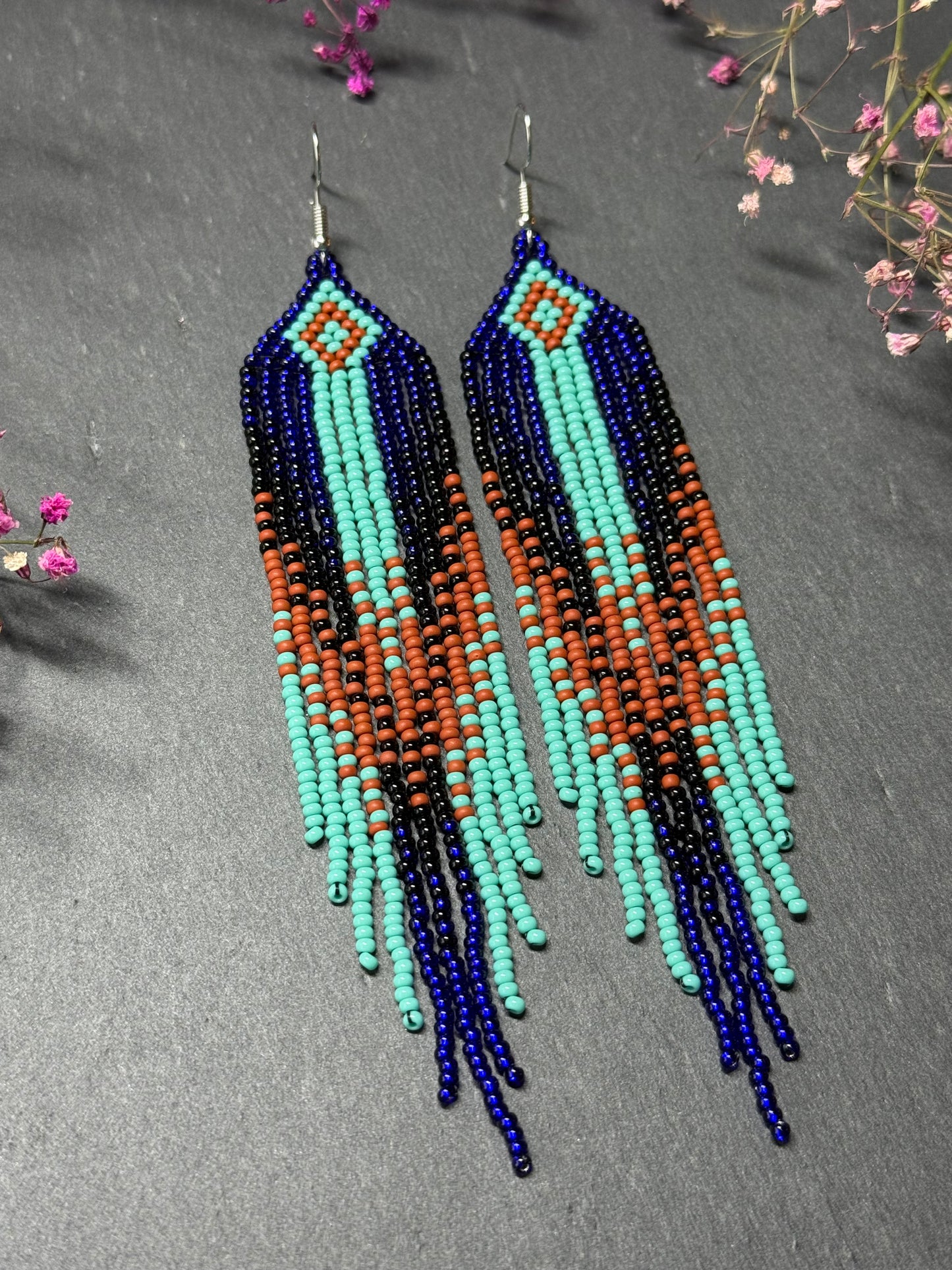 Bright blue, black, brown, and turquoise handmade beaded fringe earrings for women. Unique boho jewelry and statement beadwork, perfect native gift for women image 7