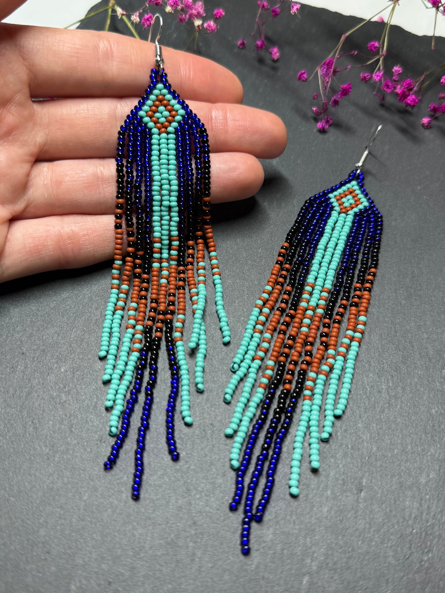Bright blue, black, brown, and turquoise handmade beaded fringe earrings for women. Unique boho jewelry and statement beadwork, perfect native gift for women image 5