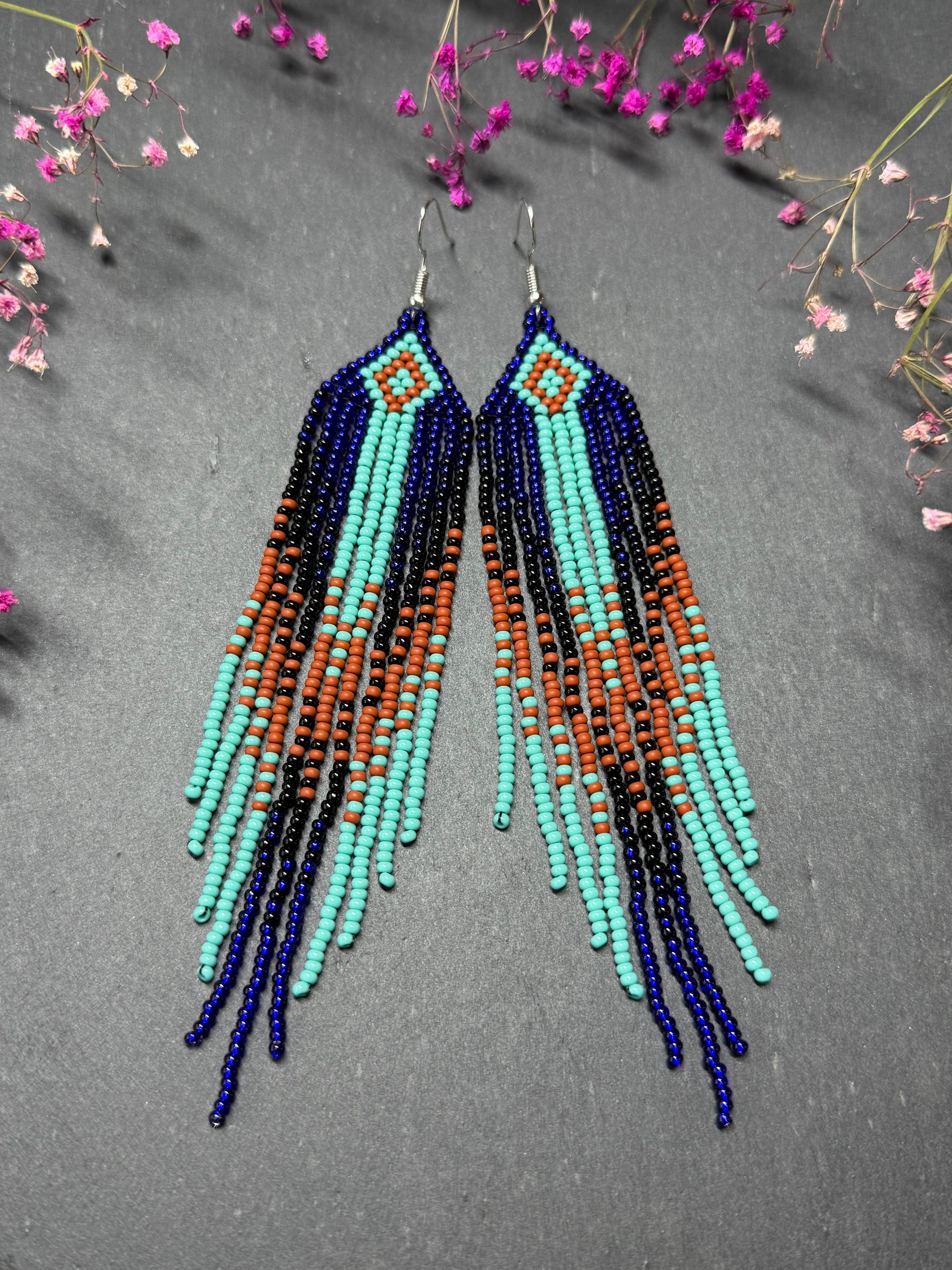 Bright blue, black, brown, and turquoise handmade beaded fringe earrings for women. Unique boho jewelry and statement beadwork, perfect native gift for women image 6