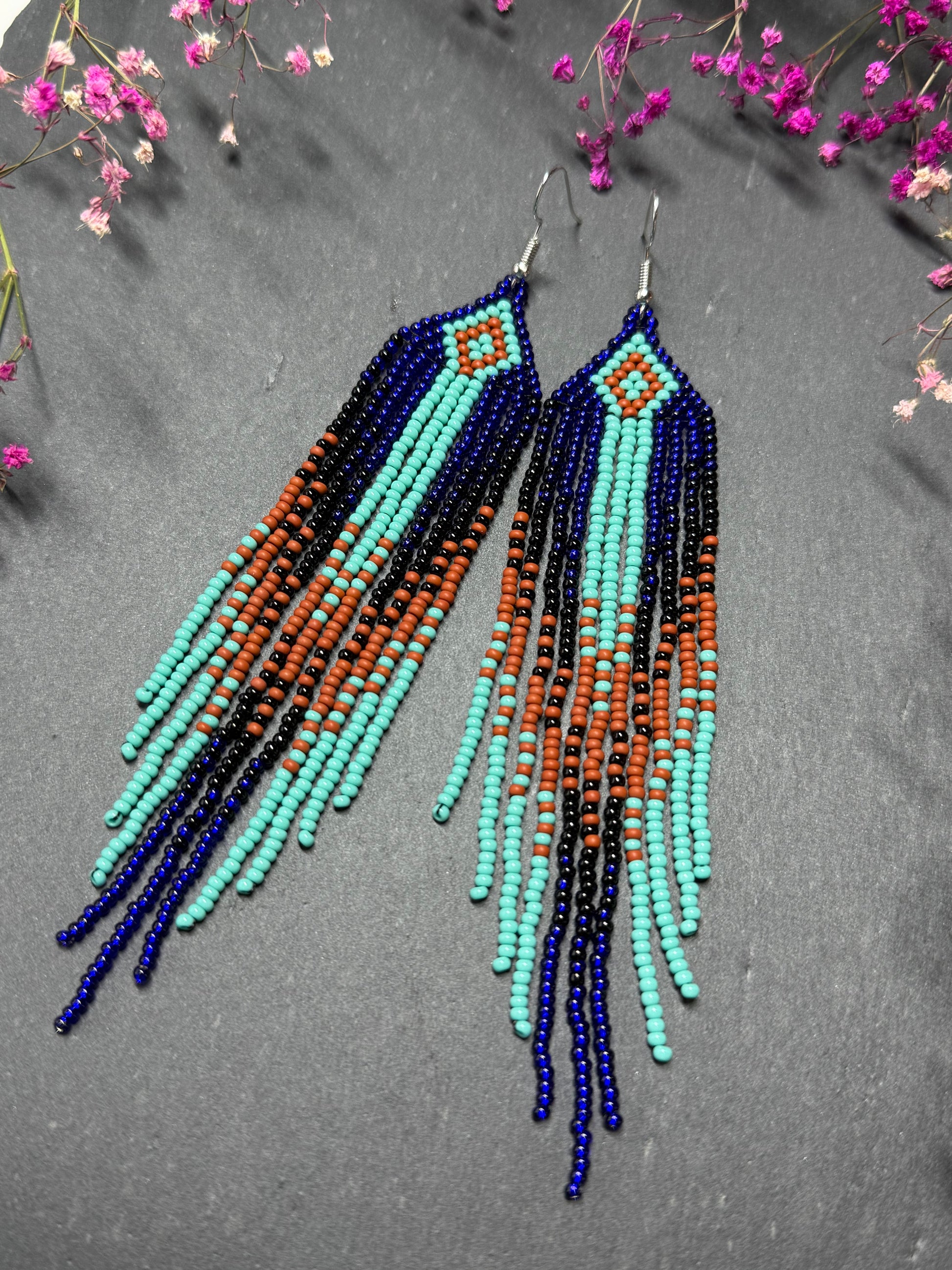 Bright blue, black, brown, and turquoise handmade beaded fringe earrings for women. Unique boho jewelry and statement beadwork, perfect native gift for women image 8