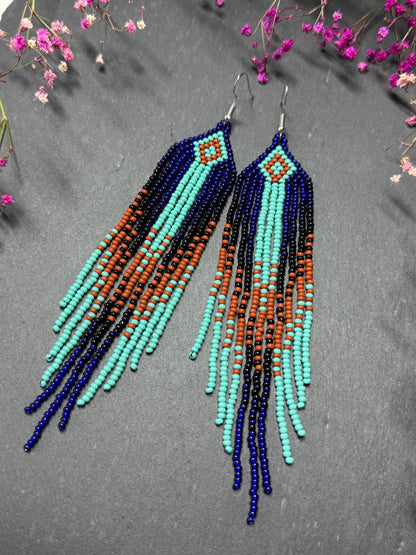 Bright blue, black, brown, and turquoise handmade beaded fringe earrings for women. Unique boho jewelry and statement beadwork, perfect native gift for women image 8
