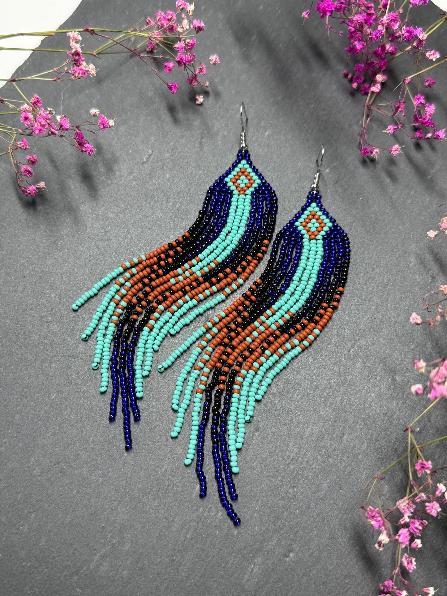 Bright blue, black, brown, and turquoise handmade beaded fringe earrings for women. Unique boho jewelry and statement beadwork, perfect native gift for women image 9