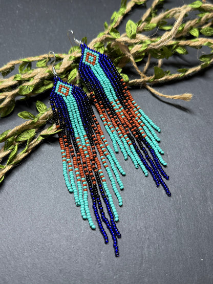 Bright blue, black, brown, and turquoise handmade beaded fringe earrings for women. Unique boho jewelry and statement beadwork, perfect native gift for women image 10