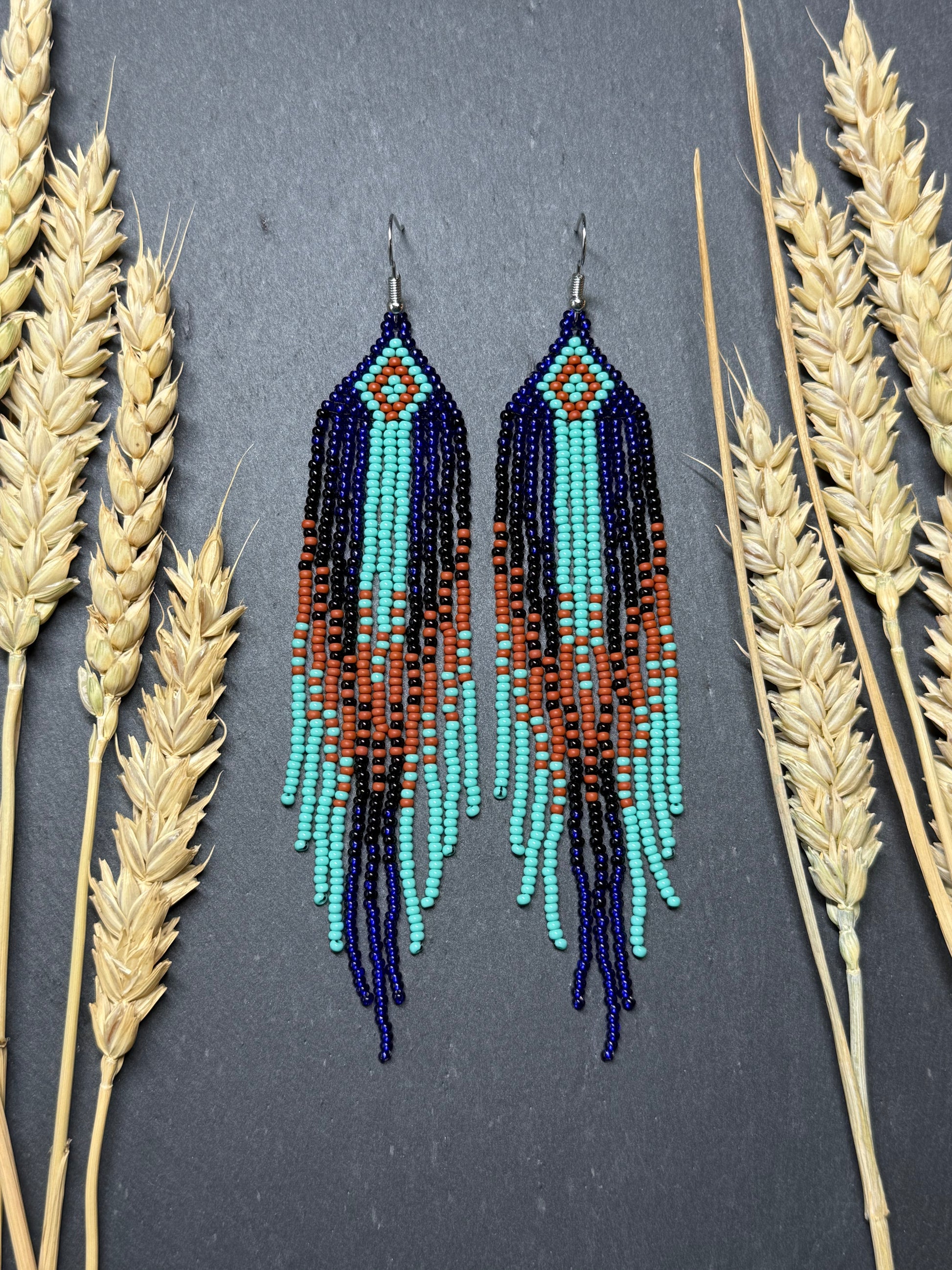 Bright blue, black, brown, and turquoise handmade beaded fringe earrings for women. Unique boho jewelry and statement beadwork, perfect native gift for women image 14