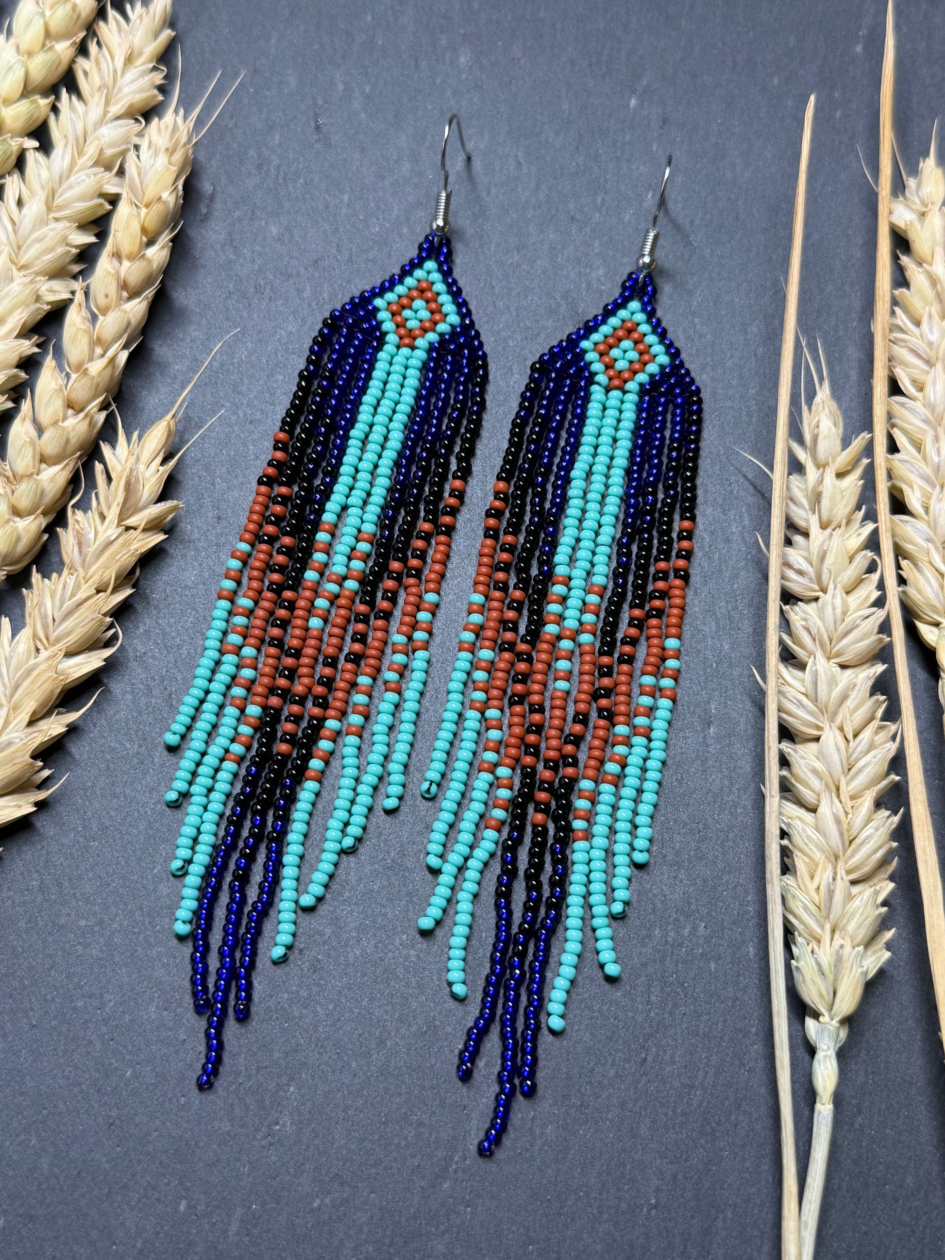 Bright blue, black, brown, and turquoise handmade beaded fringe earrings for women. Unique boho jewelry and statement beadwork, perfect native gift for women image 15