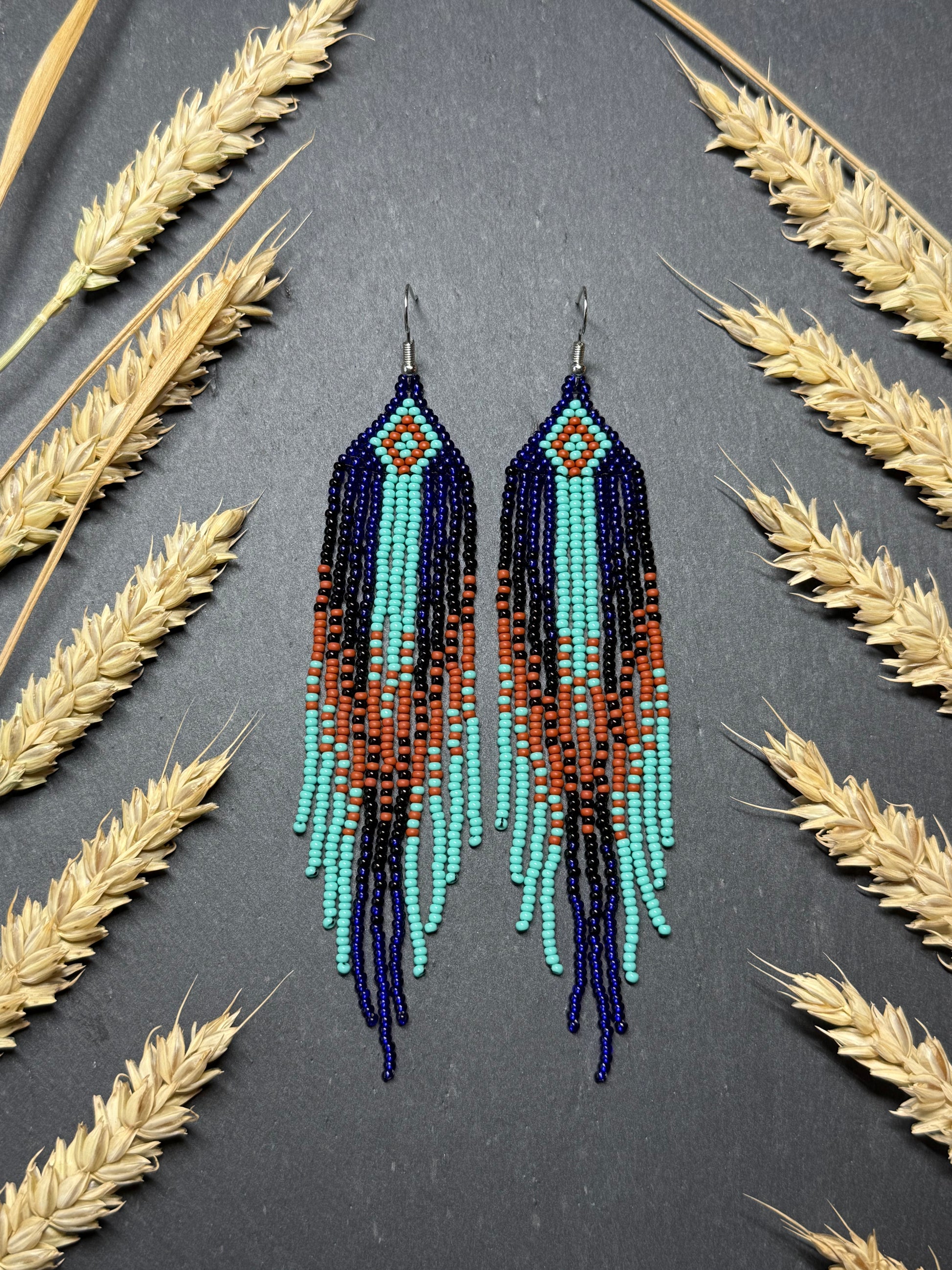 Bright blue, black, brown, and turquoise handmade beaded fringe earrings for women. Unique boho jewelry and statement beadwork, perfect native gift for women image 12