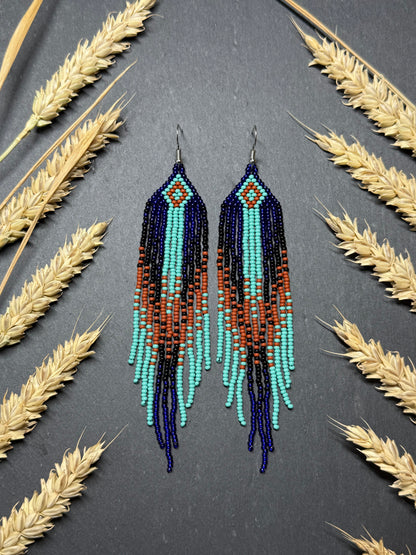 Bright blue, black, brown, and turquoise handmade beaded fringe earrings for women. Unique boho jewelry and statement beadwork, perfect native gift for women image 12