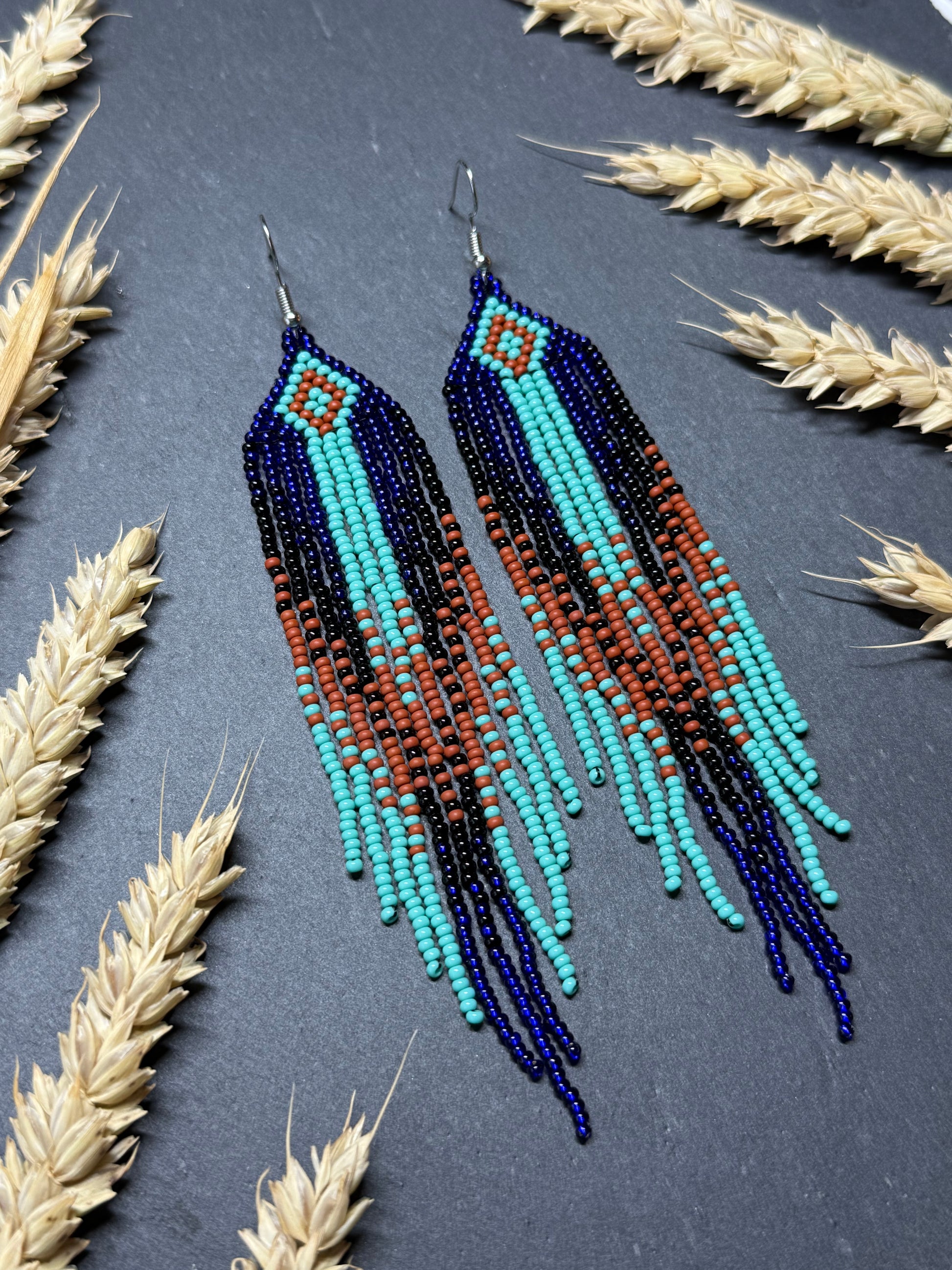 Bright blue, black, brown, and turquoise handmade beaded fringe earrings for women. Unique boho jewelry and statement beadwork, perfect native gift for women image 16