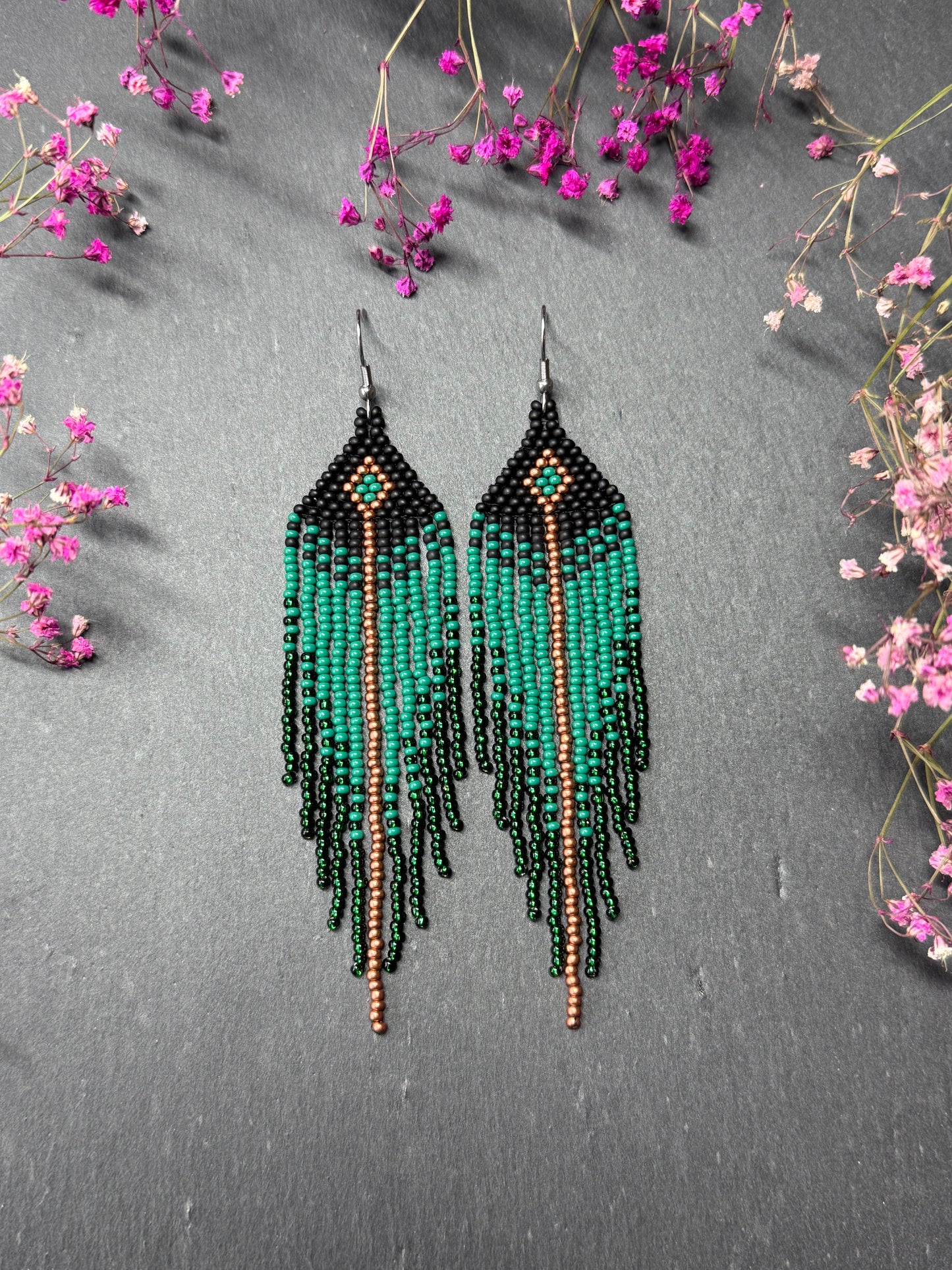 Long handmade black and green beaded earrings with fringe. Boho statement jewelry. Unique native-style statement jewelry, cute bright earrings for women image 1