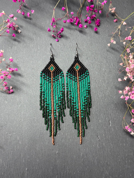 Long handmade black and green beaded earrings with fringe. Boho statement jewelry. Unique native-style statement jewelry, cute bright earrings for women image 1