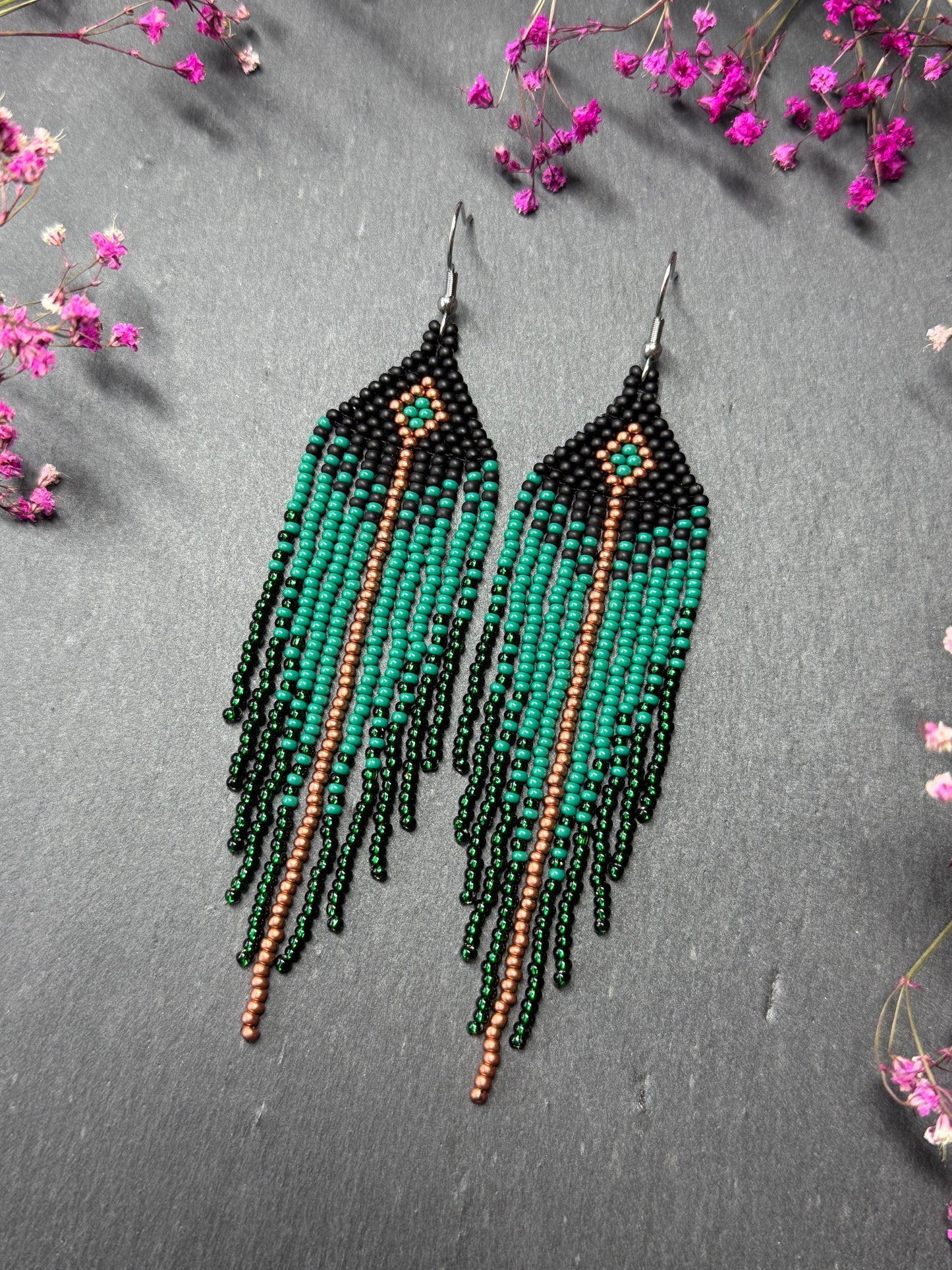 Long handmade black and green beaded earrings with fringe. Boho statement jewelry. Unique native-style statement jewelry, cute bright earrings for women image 2