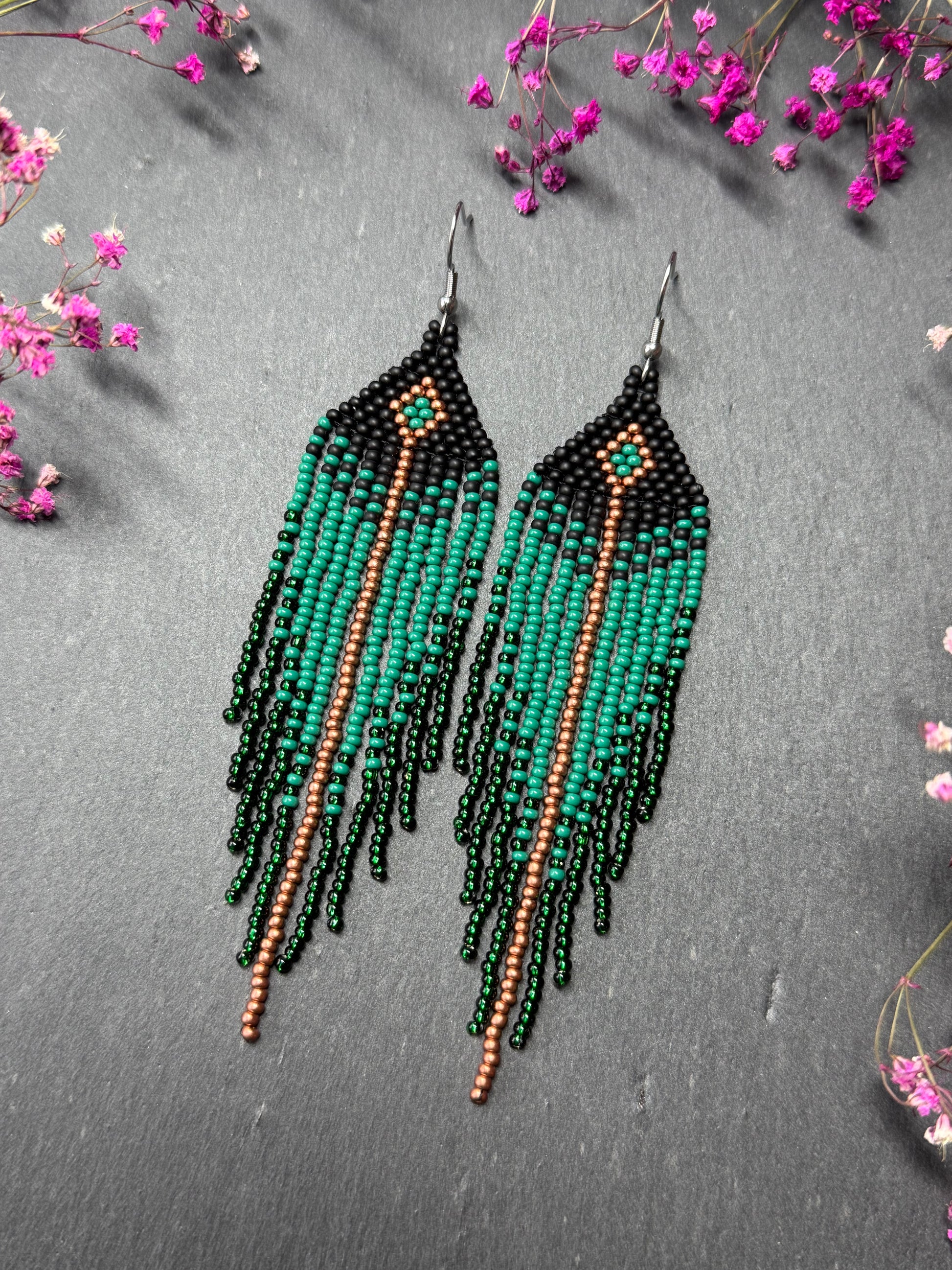Long handmade black and green beaded earrings with fringe. Boho statement jewelry. Unique native-style statement jewelry, cute bright earrings for women image 2