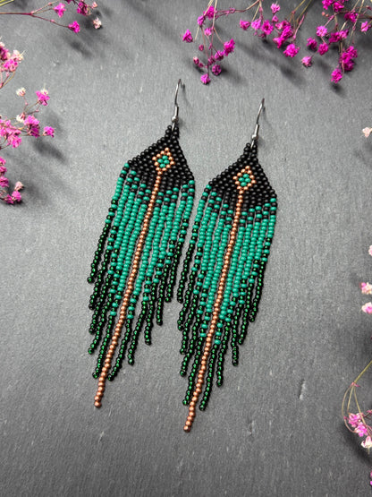 Long handmade black and green beaded earrings with fringe. Boho statement jewelry. Unique native-style statement jewelry, cute bright earrings for women image 2