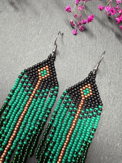 Long handmade black and green beaded earrings with fringe. Boho statement jewelry. Unique native-style statement jewelry, cute bright earrings for women image 3