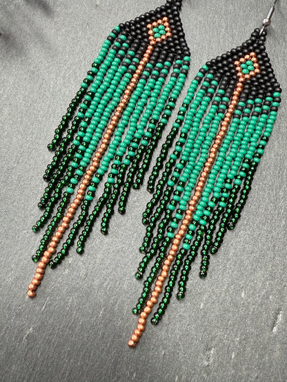 Long handmade black and green beaded earrings with fringe. Boho statement jewelry. Unique native-style statement jewelry, cute bright earrings for women image 4
