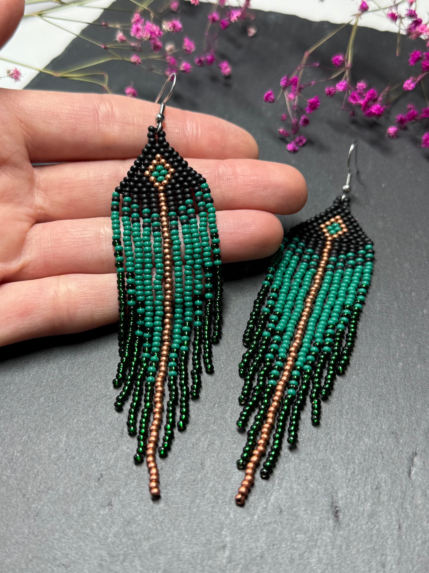 Long handmade black and green beaded earrings with fringe. Boho statement jewelry. Unique native-style statement jewelry, cute bright earrings for women image 5