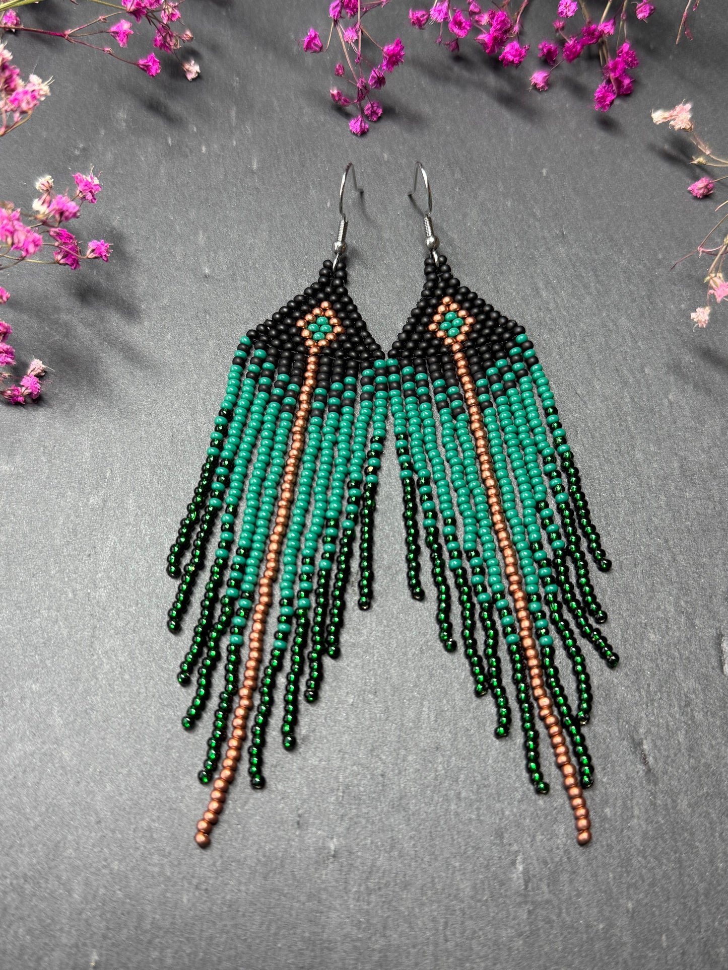 Long handmade black and green beaded earrings with fringe. Boho statement jewelry. Unique native-style statement jewelry, cute bright earrings for women image 6