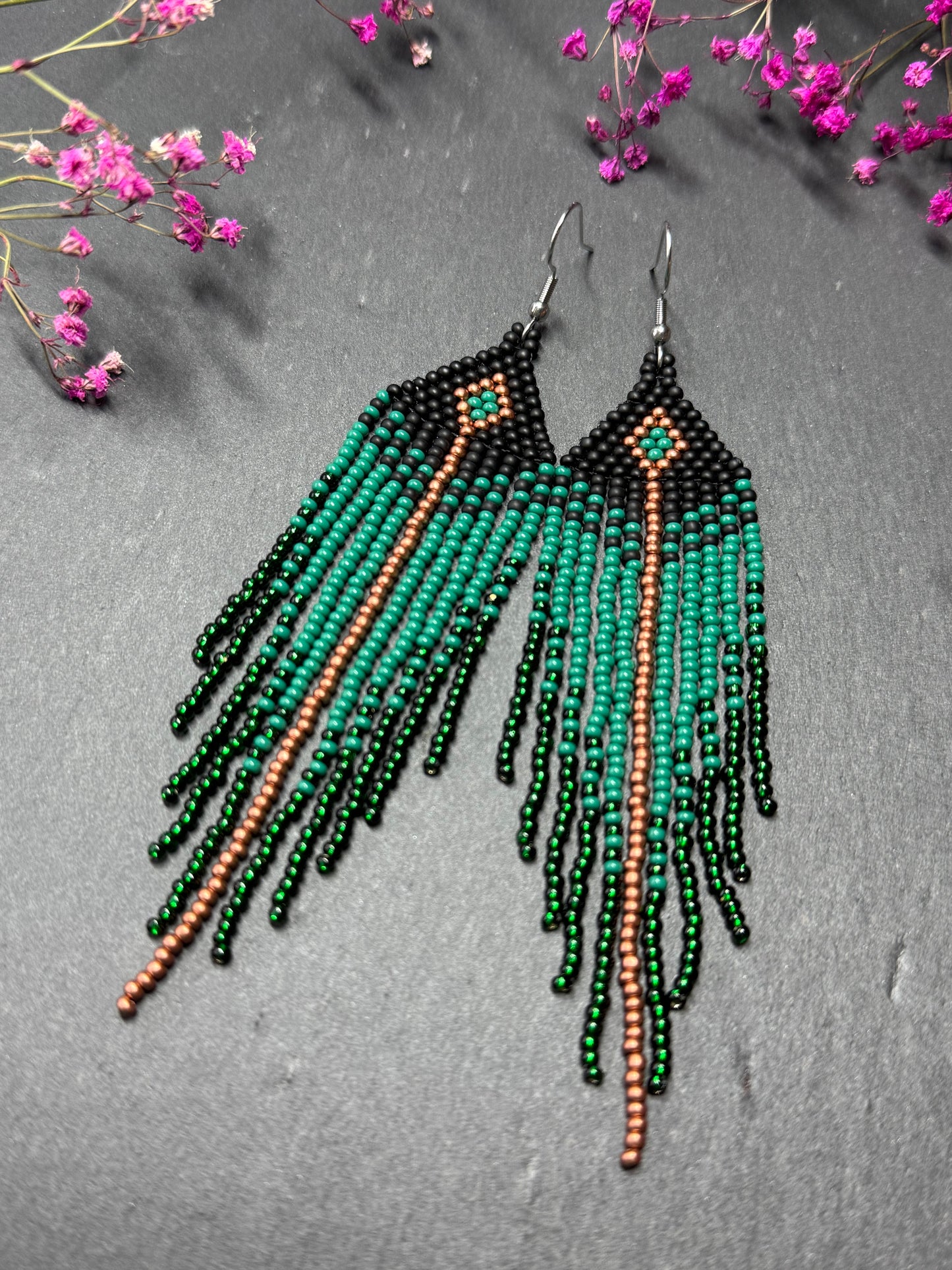Long handmade black and green beaded earrings with fringe. Boho statement jewelry. Unique native-style statement jewelry, cute bright earrings for women image 7