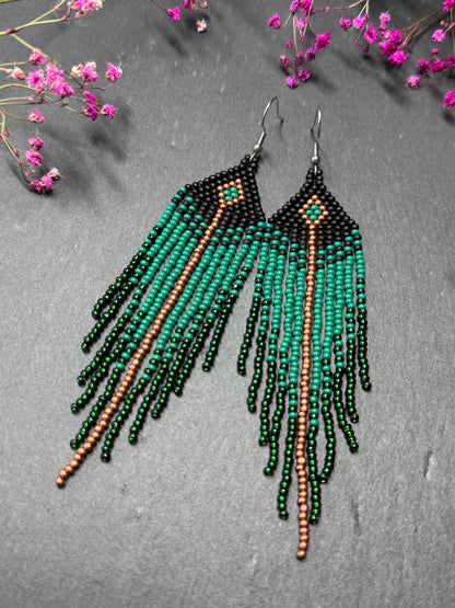 Long handmade black and green beaded earrings with fringe. Boho statement jewelry. Unique native-style statement jewelry, cute bright earrings for women image 7