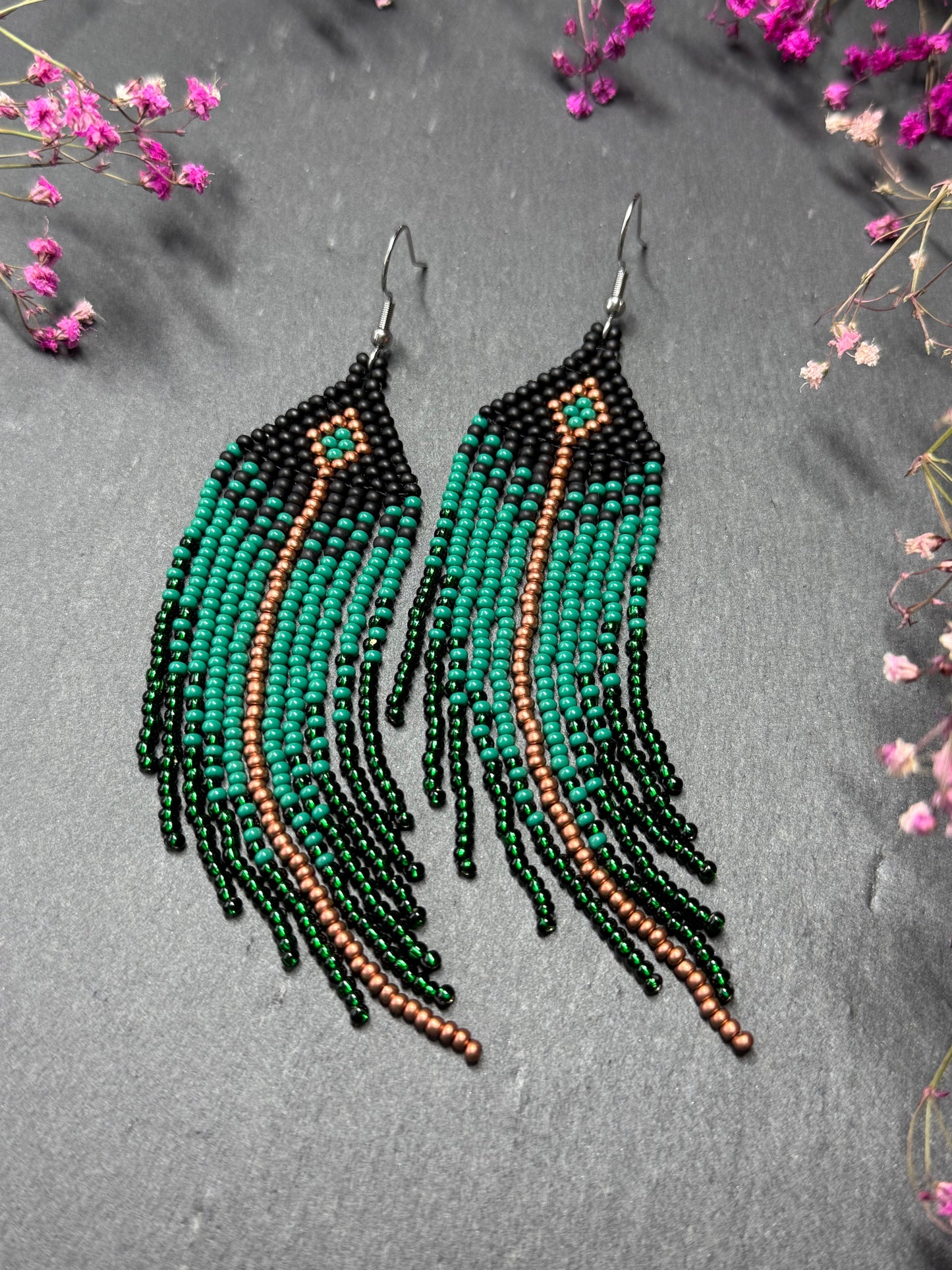 Long handmade black and green beaded earrings with fringe. Boho statement jewelry. Unique native-style statement jewelry, cute bright earrings for women image 8