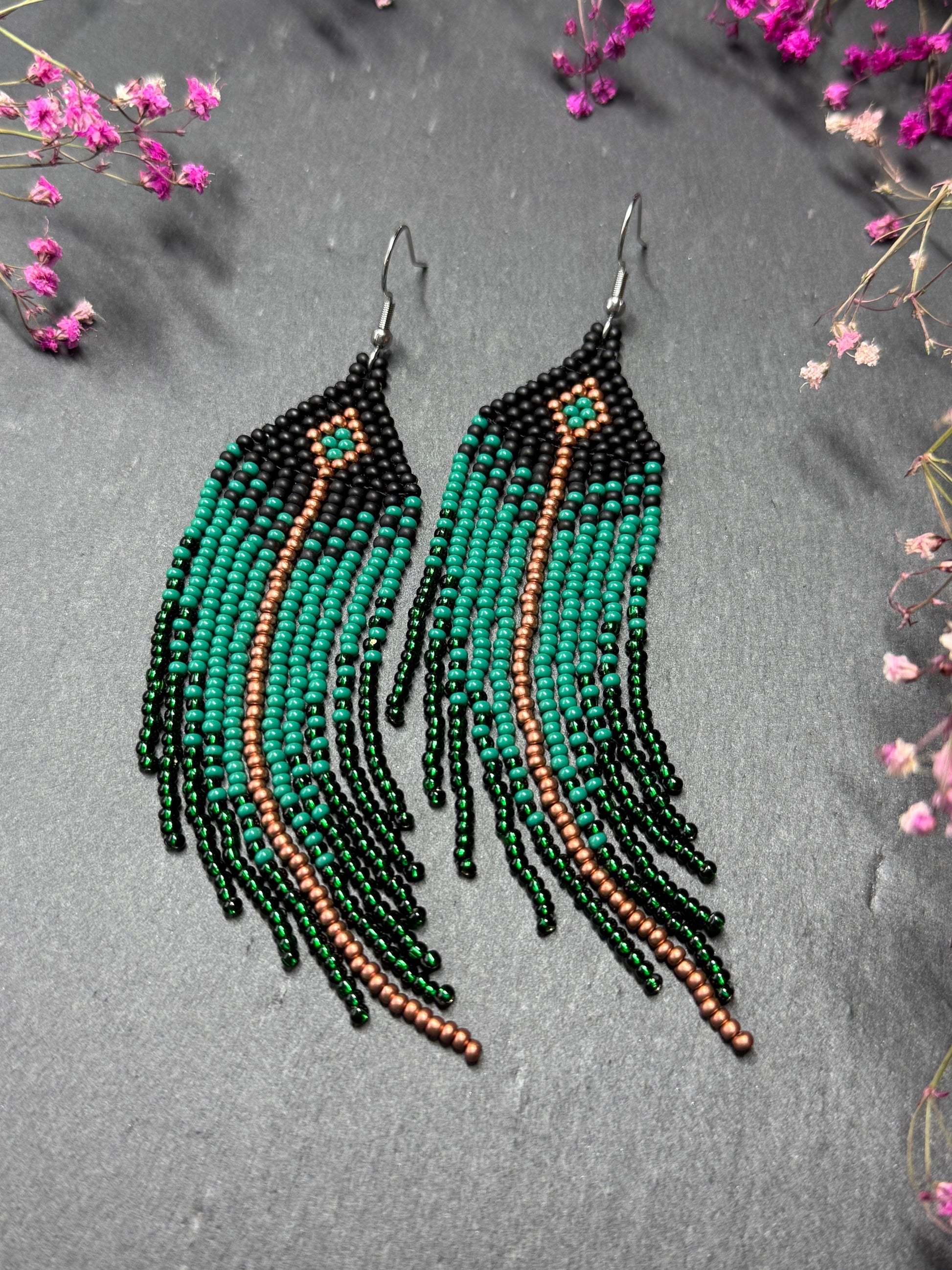 Long handmade black and green beaded earrings with fringe. Boho statement jewelry. Unique native-style statement jewelry, cute bright earrings for women image 8