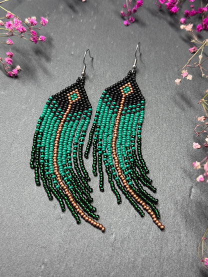 Long handmade black and green beaded earrings with fringe. Boho statement jewelry. Unique native-style statement jewelry, cute bright earrings for women image 8