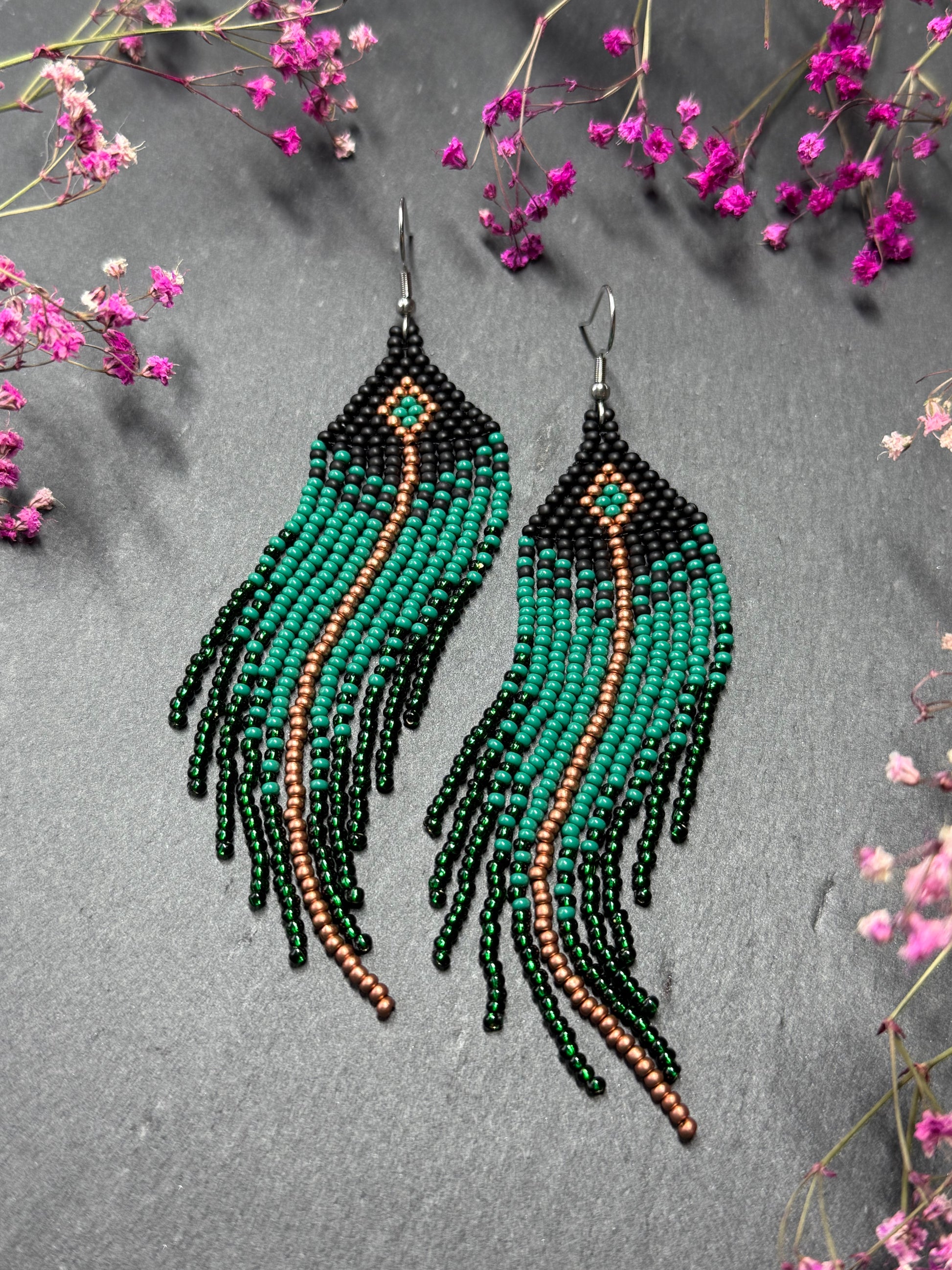 Long handmade black and green beaded earrings with fringe. Boho statement jewelry. Unique native-style statement jewelry, cute bright earrings for women image 9